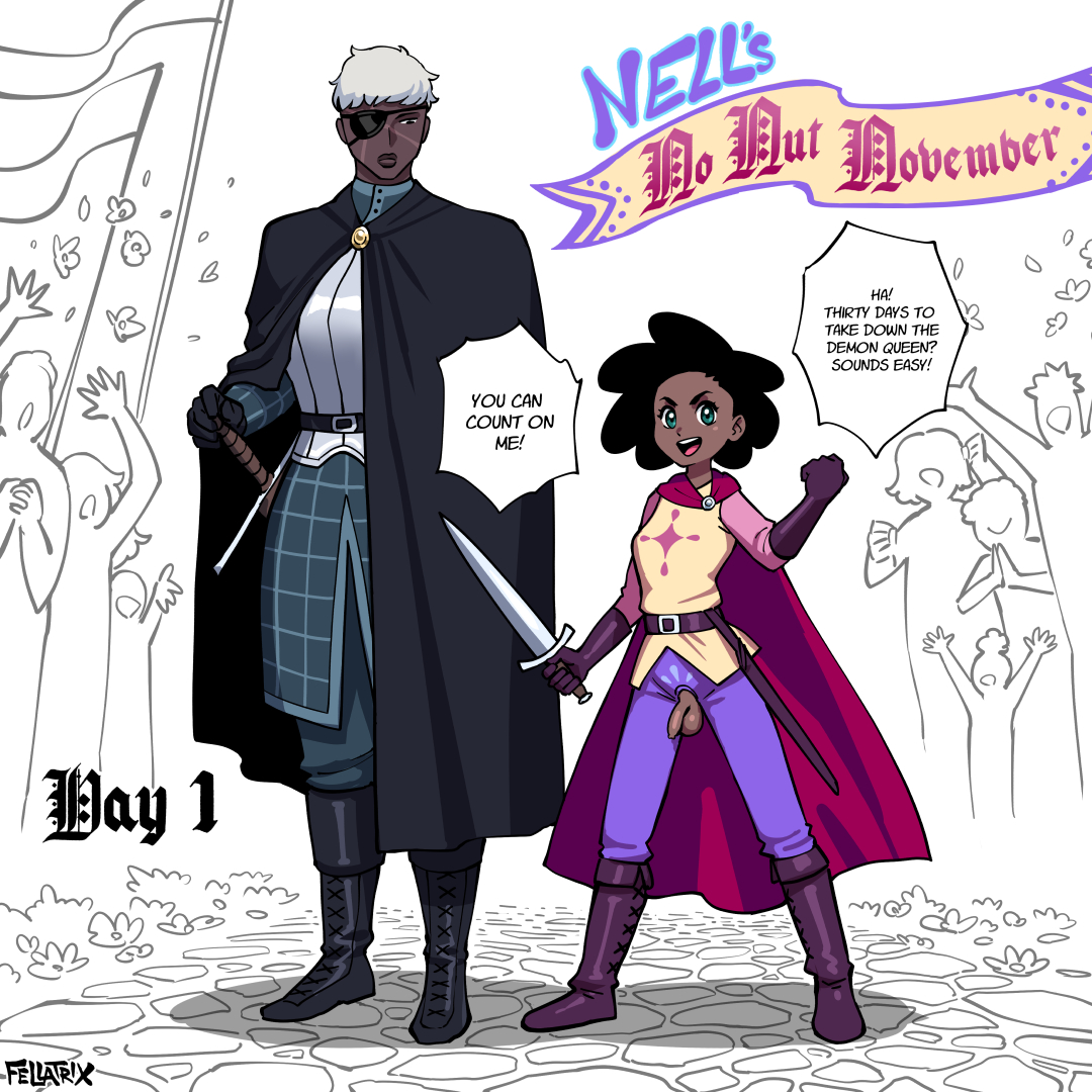 1futa, 1girls, age difference, balls, casual exposure, casual nudity, comic, connie (fellatrix), duo focus, fellatrix, female, flaccid, futa with female, futanari, intersex, larger female, nell (fellatrix), no nut november, penis, size difference, smaller futa, speech bubble, testicles, text