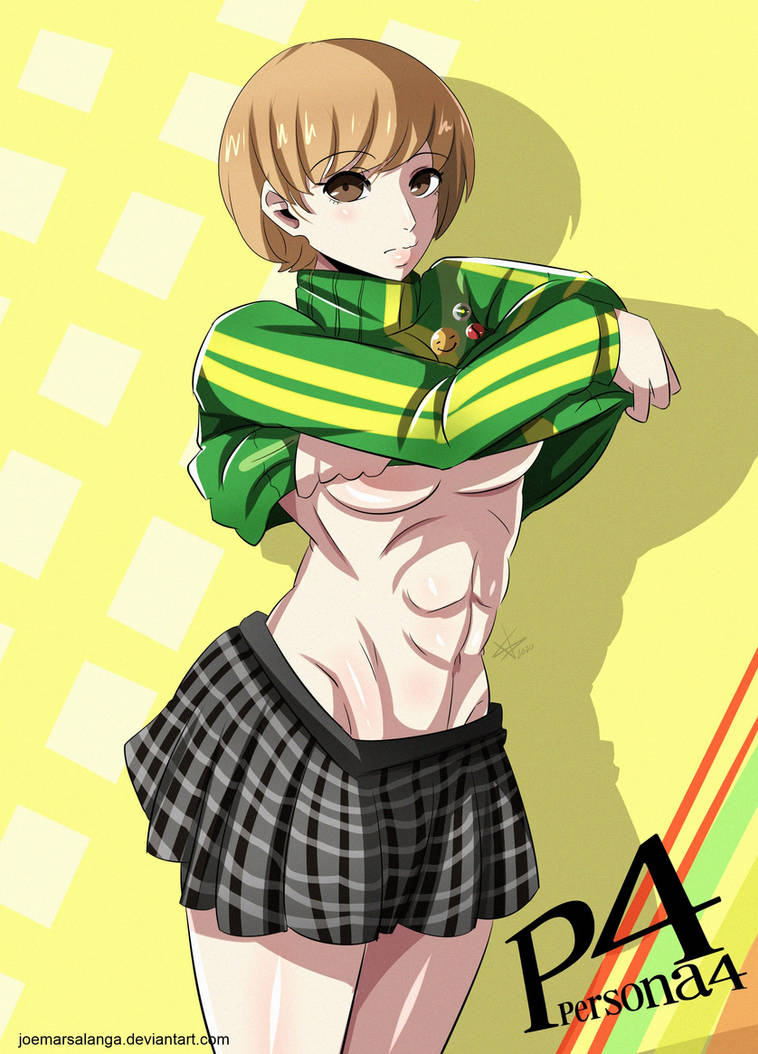 1girls brown_hair hazel_hair joemarsalanga muscle muscular persona persona_4 satonaka_chie shirt_lift solo solo_female tagme tomboy yellow_background