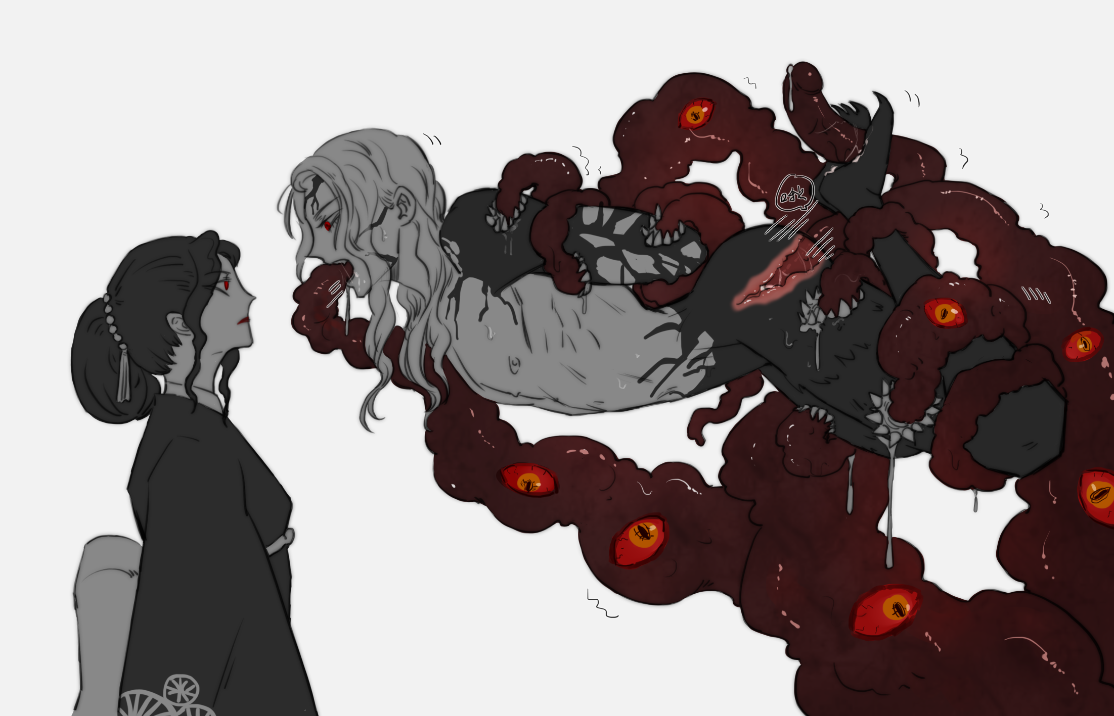 1boy, 1girls, anal, anal sex, arms behind back, body horror, body markings, both sexes in same situation, canon genderswap, demon, demon slayer, dual persona, feet up, female, female muzan, genderswap, genderswap (mtf), grab (artist), kimetsu no yaiba, kimono, male, male penetrated, male rape victim, monster, multi eye, multi mouth, muscular, muscular male, muzan kibutsuji, rape, restrained, rule 63, selfcest, suspension, tentacle, tentacle grab, tentacle in mouth, tentacle monster, tentacle on male, tentacle sex, x-ray