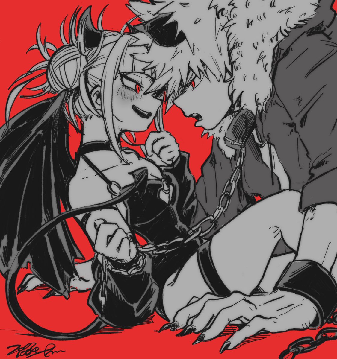 1boy, 1girls, angry, animal ears, bakugou katsuki, bat girl, bat wings, chain leash, chains, claws, collar, demon, demon girl, demon horns, eye contact, face to face, female, femdom, halloween, halloween costume, hero on villainess, himiko toga, horns, ikapnmn2, katsuki bakugou, leash, leash pull, leotard, male, male/female, my hero academia, petite, petite body, shounen jump, skimpy, skimpy clothes, spiky hair, straight, succubus, tail, thighs, tight clothing, toga himiko, villainess, wolf boy, wolf ears