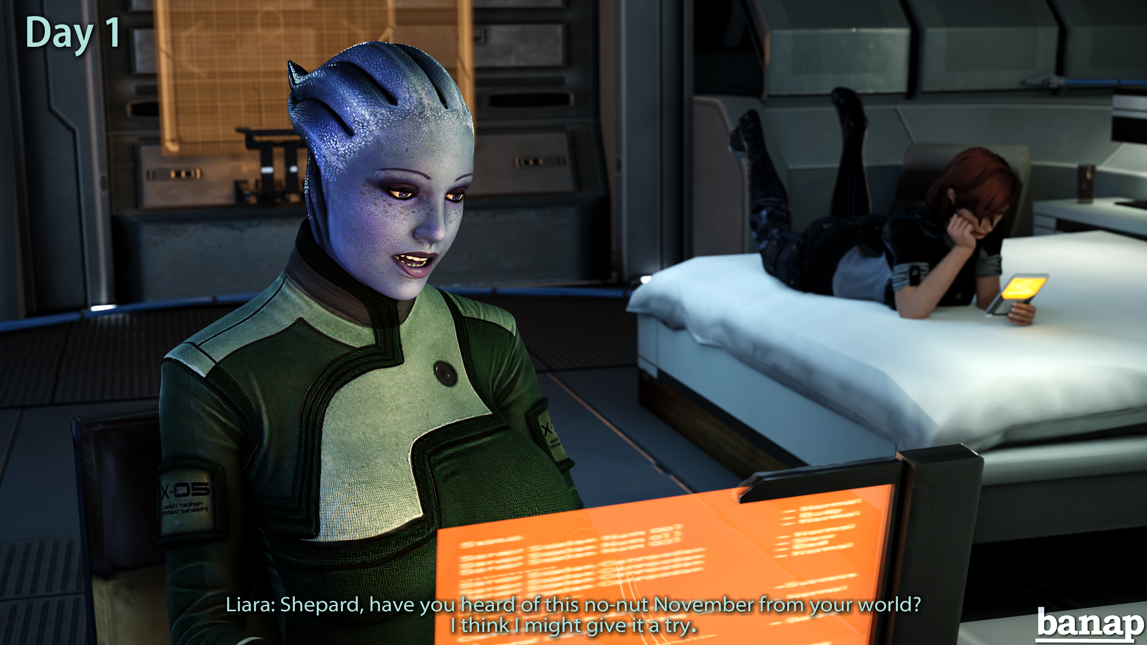 3d, 3d (artwork), asari, banap, blender, blue eyes, blue skin, comic, comic page, commander shepard, dialogue, female, female protagonist, femshep, liara t'soni, mass effect, no nut november, text