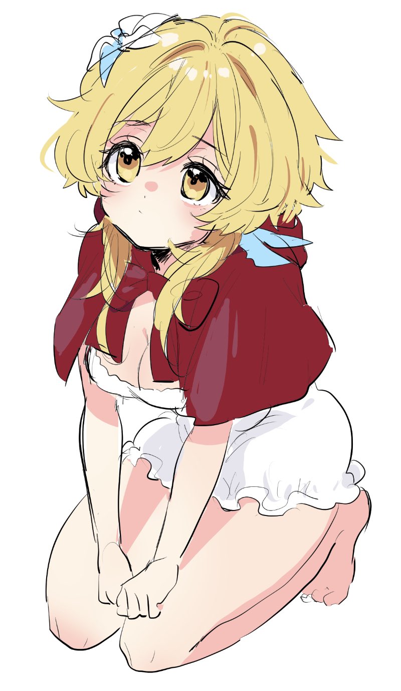 1girls, amber eyes, artist request, blonde hair, blush, cape, cleavage, cute, female, flower in hair, genshin impact, looking up, lumine (genshin impact), on knees, solo, underwear, white background