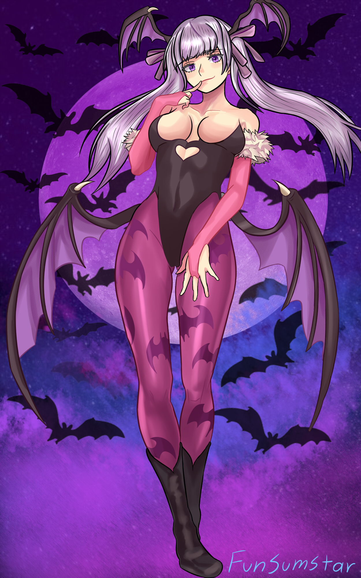 1girls, bat print, bat wings, bats, big breasts, black, black boots, black clover, black dress, black leotard, black wings, breasts, bridal gauntlets, bridal gloves, claws, cleavage, clothed, clothed sex, clothing, cosplay, crossover cosplay, curvy, darkstalkers, demon, demon girl, demon wings, female, female only, full body, funsumstar, halloween, halloween costume, hand in mouth, hand on lips, head wings, heart, heart cutout, leotard, long gloves, looking at viewer, moon, morrigan aensland, morrigan aensland (cosplay), night, noelle silva, pink gloves, purple bow, purple eyes, purple thigh highs, purple thighhighs, purple wings, seductive, seductive eyes, seductive look, seductive mouth, seductive smile, silver hair, small breasts, smile, smiling, smirk, solo, succubus, thick thighs, thighs, twintails, voluptuous, white hair, wings