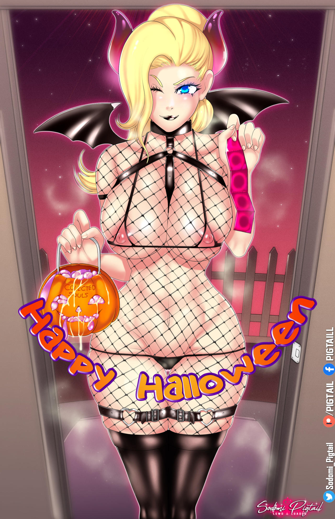 blonde hair, blue eyes, condom, condom wrapper, demon, demon girl, demon horns, female, fishnets, halloween, halloween costume, sodomi pigtail, succubus