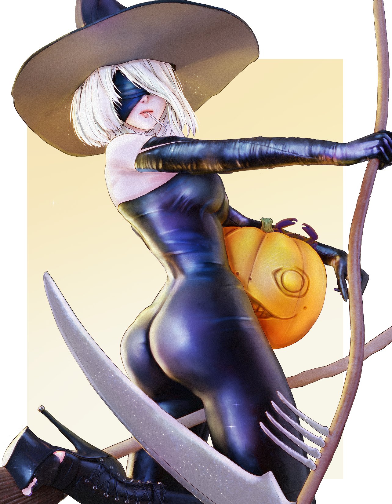 1girls, ass, breasts, broom, crab, emil (nier), female, female focus, female only, light skin, light-skinned female, looking at viewer, nier, nier (series), nier: automata, pod (nier), pumpkin, scythe, short hair, solo, solo female, thighs, voluptuous, white hair, witch hat, yoracrab, yorha 2b