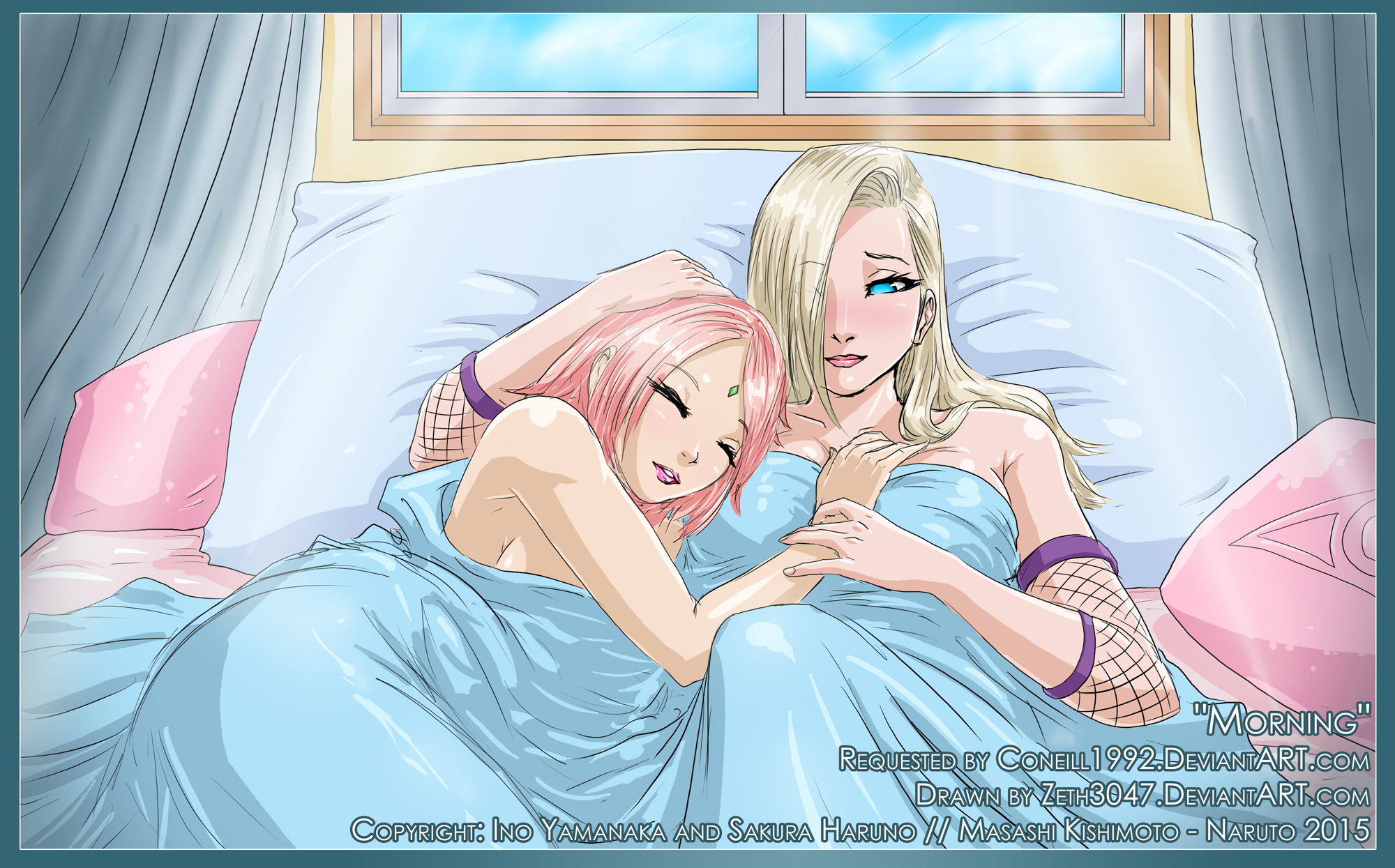 2015, 2girls, after sex, aqua eyes, bed, bed sheet, big breasts, blonde hair, breasts, closed eyes, cuddling, dated, female, female only, friends, hair over one eye, highres, ino yamanaka, light blue eyes, long hair, multiple females, multiple girls, naked, naked sheet, naruto, naruto (series), naruto shippuden, naruto: the last, pink hair, purple hair, romantic, sakura haruno, sleeping, url, watermark, web address, yuri, zeth3047
