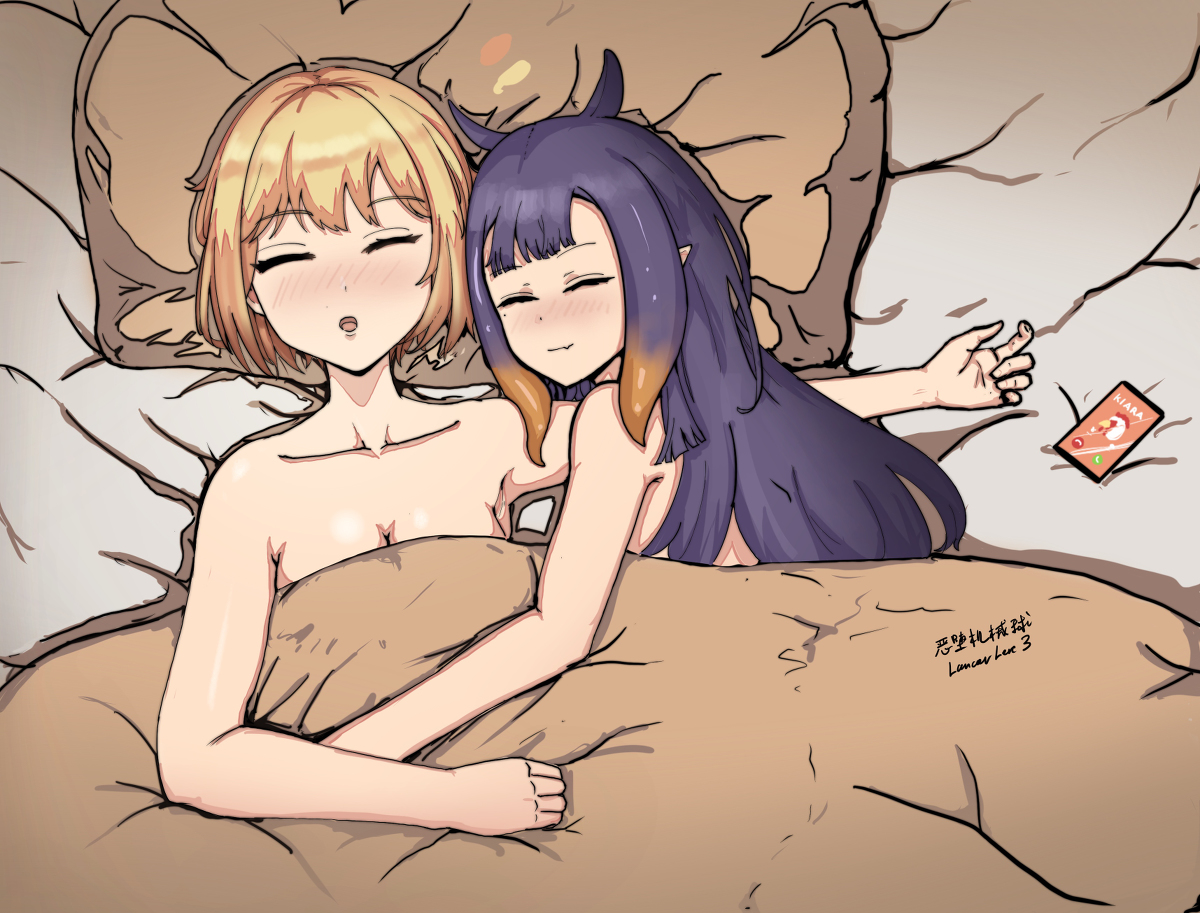 2girls, after sex, artist request, bed, blonde hair, blush, breasts, cellphone, closed eyes, cute, dark hair, embrace, eyebrows visible through hair, fangs, female, female focus, female only, flat chest, flat chested, happy, hololive, hololive english, hololive myth, hug, hugging, light hair, long hair, medium breasts, mole, mole under eye, multicolored hair, multiple females, multiple girls, naked, ninomae ina'nis, oerba yun fang, orange hair, pointy ears, purple hair, short hair, sleeping, small breasts, under covers, very long hair, virtual youtuber, watson amelia, wholesome, yuri