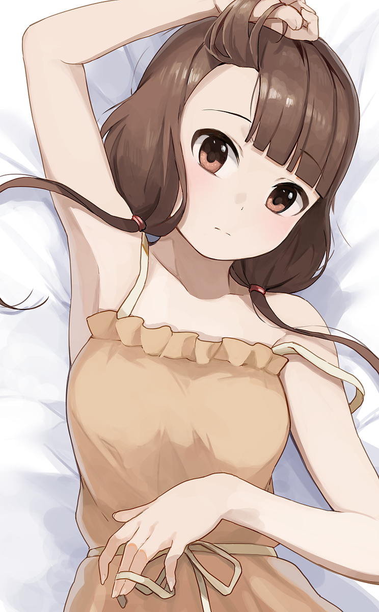1girls, armpits, bed, blanket, brown clothing, brown dress, brown eyes, brown hair, dress, female, female only, hiroki yyqw7151, human, iino miko, in bed, kaguya-sama wa kokurasetai ~tensai-tachi no renai zunousen~, low twintails, off shoulder, small breasts, solo