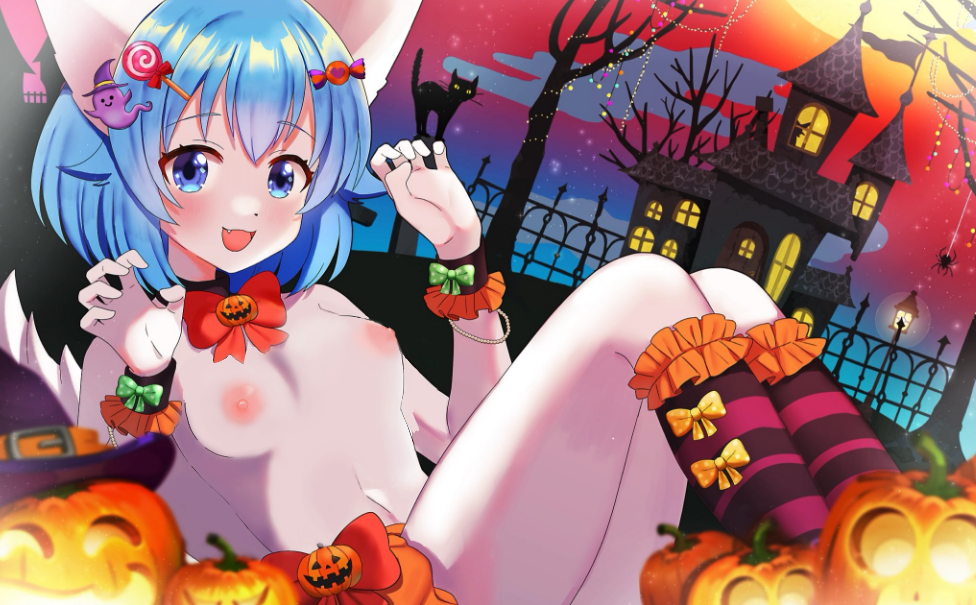 1girls, animal ears, animation meme community, areolae, blue hair, breasts, completely naked, completely nude, edit, female, female focus, female only, halloween, naked, naked female, nipples, nude, nude female, short hair, solo, solo female, topless, virtual youtuber, wolfychu, youtube, youtuber