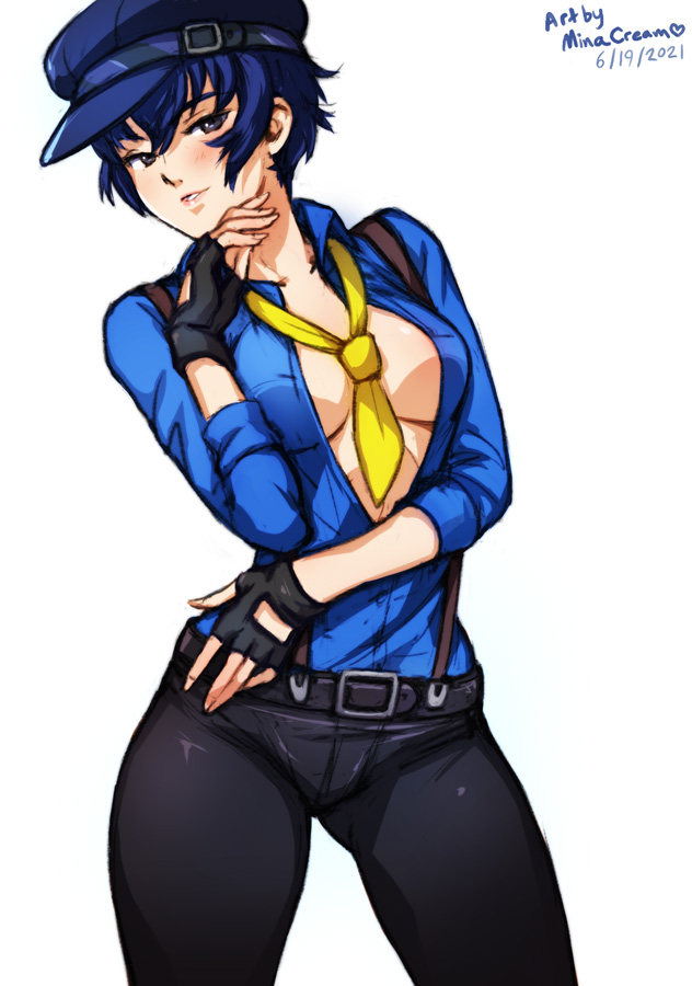 1girls, 2021, atlus, blue eyes, blue hair, blush, breasts, clothing, dated, female, female only, fingerless gloves, hat, horny female, looking at viewer, minacream, necktie, persona, persona 4, persona 4: dancing all night, posing, shirogane naoto, shirogane naoto (dancewear), short hair, simple background, slight blush, smile, solo, standing, thin female, white background, white skin, yellow necktie