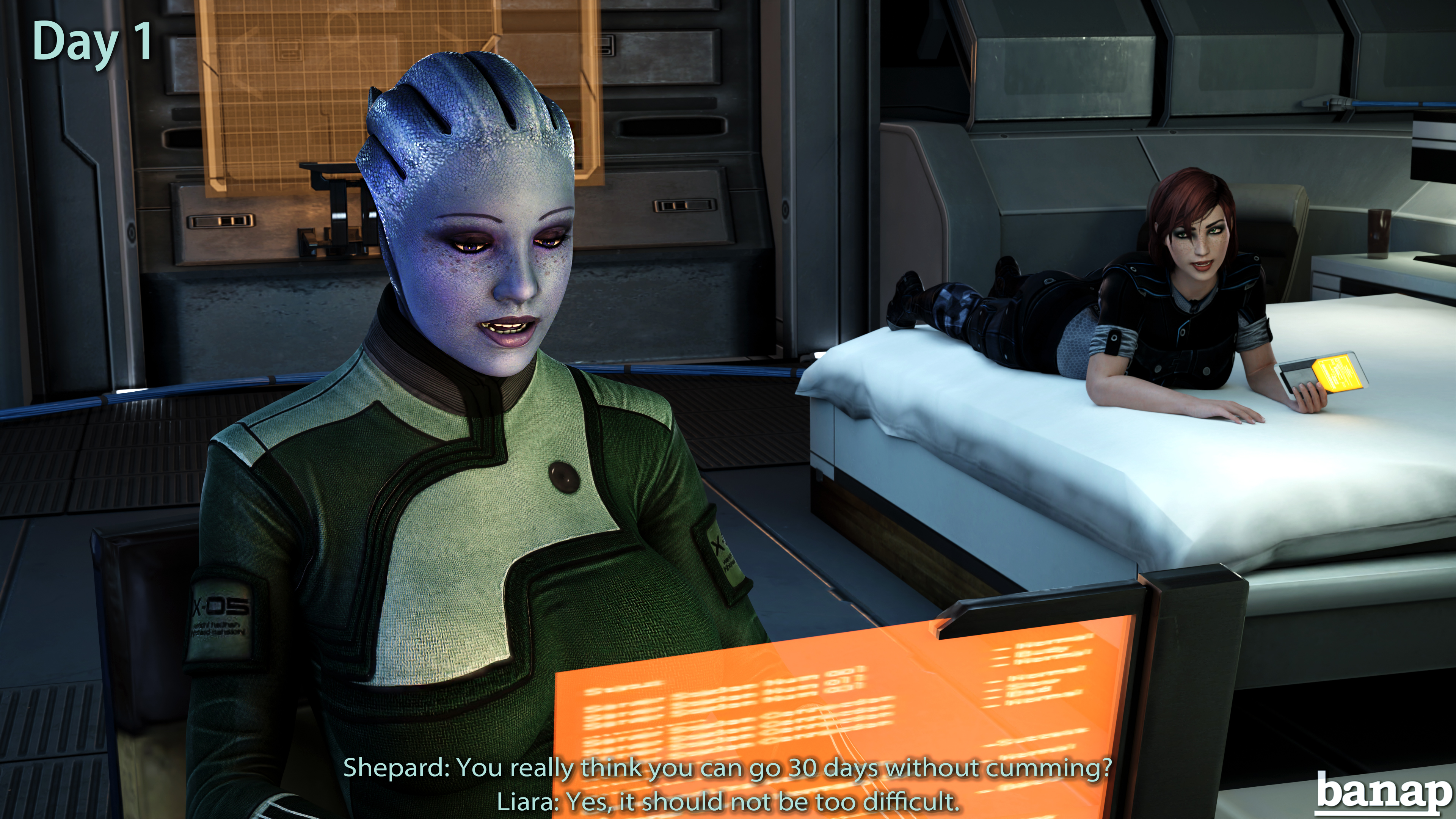 3d, 3d (artwork), asari, banap, blender, blue eyes, blue skin, comic, comic page, commander shepard, dialogue, female, female protagonist, femshep, liara t'soni, mass effect, no nut november, text