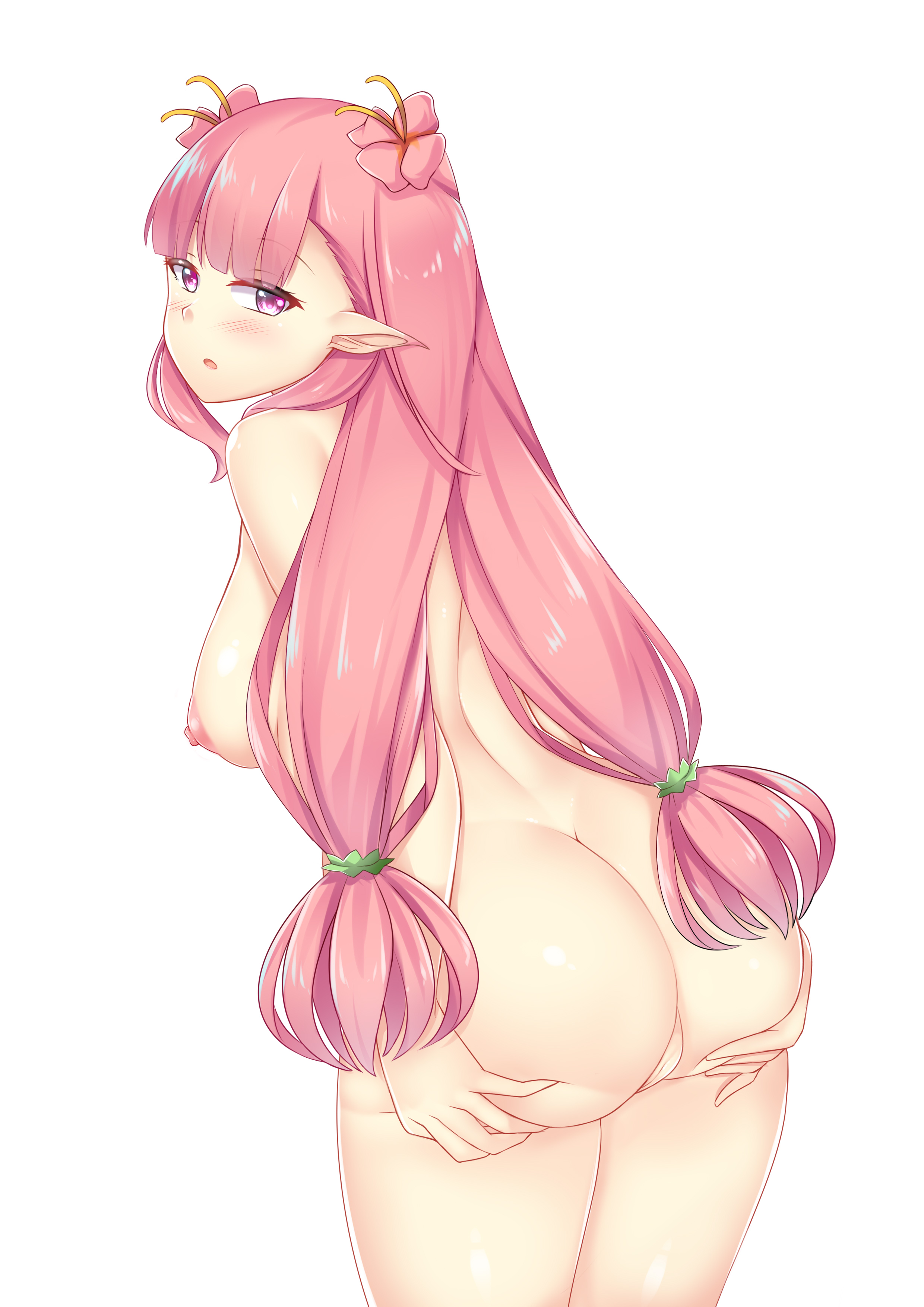 1girls, ass, ass grab, back, back view, bangs, bare back, bare thighs, big ass, breasts, completely nude, female, fire emblem, fire emblem heroes, large ass, large breasts, light blush, long hair, looking at viewer, looking back, mirabilis (fire emblem), nabunabu, nintendo, nipples, nude, nude female, open mouth, pink eyes, pink hair, sideboob, solo, thighs, twintails, very long hair, white background