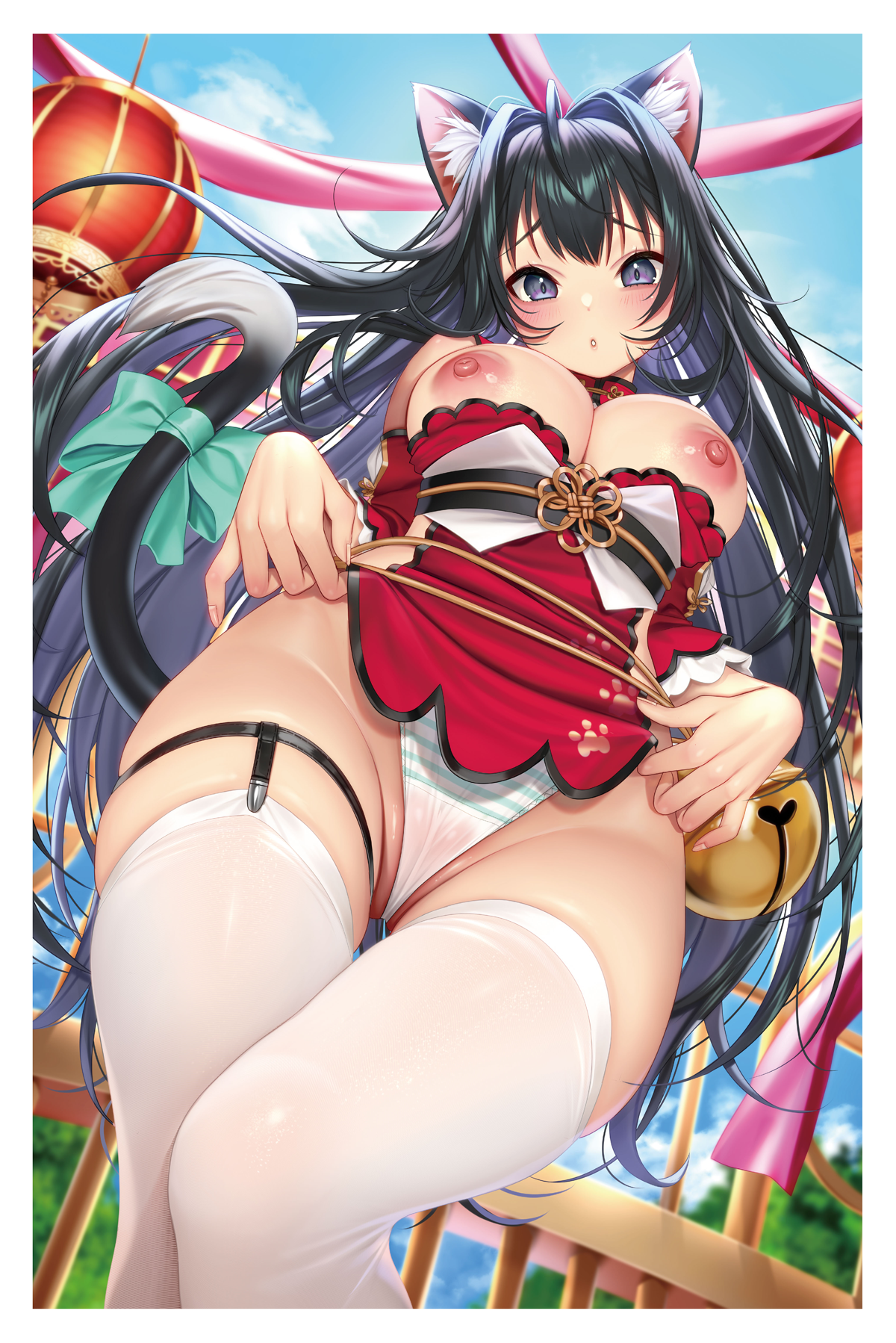 :o, ahoge, animal ear fluff, animal ears, ass visible through thighs, bangs, bell, black eyes, black hair, blue sky, blush, border, bow, breasts, cameltoe, cat ears, cat girl, cat tail, cloud, cloudy sky, day, detached sleeves, dress, eyebrows visible through hair, eyelashes, female, fingernails, from below, green bow, groin, highres, horny, japanese clothes, jingle bell, large breasts, long hair, long sleeves, looking at viewer, looking down, makeup, masami chie, mascara, microdress, nipples, non-web source, obi, open mouth, original, outdoors, panties, panty pull, pussy, red dress, sash, sidelocks, skindentation, sky, solo, tail, tail bow, tail ornament, tail raised, thigh strap, thighhighs, underwear, very long hair, white border, white legwear, white panties