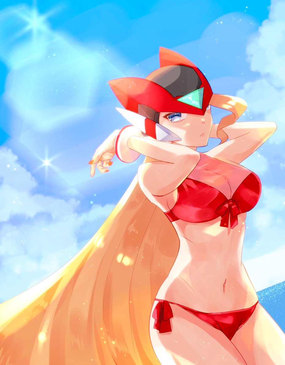 1girls beach big_breasts bikini bliss_zero blonde_hair cleavage female long_hair looking_at_viewer mega_man mega_man_zero milk_trb rule_63 solo swimsuit tagme zero_(mega_man)