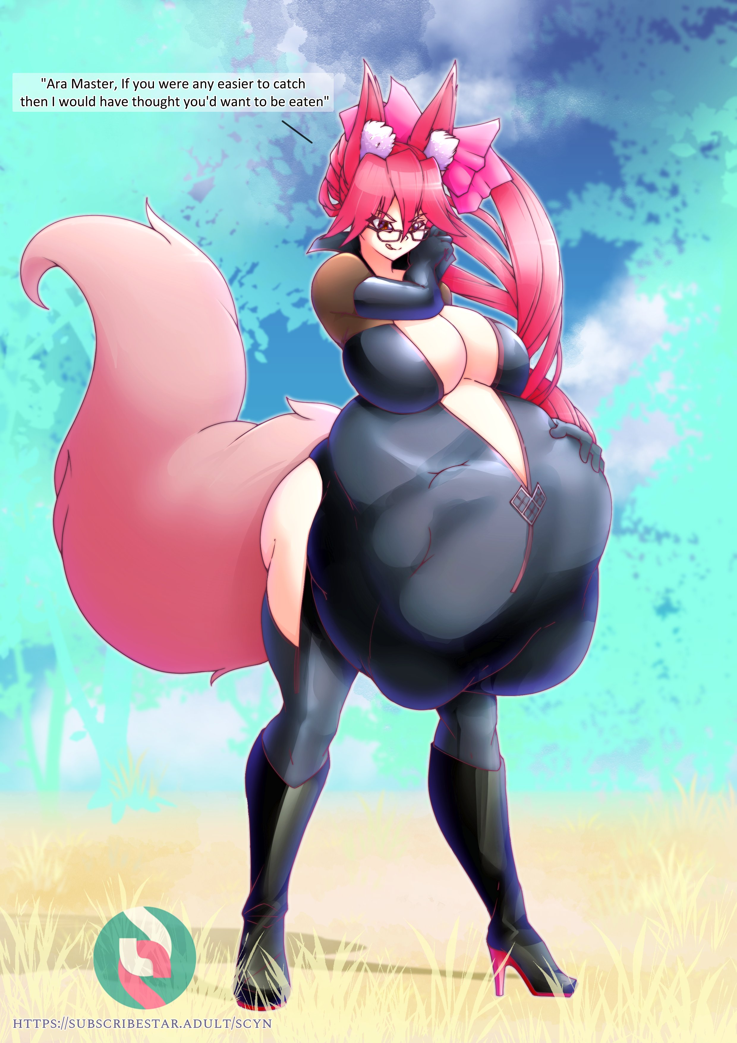 animal ears, animal tail, ass, big ass, big belly, big breasts, boots, breasts, cleavage, english text, fate (series), fate/grand order, female, fox ears, fox tail, fujimaru ritsuka (female), fujimaru ritsuka (male), glasses, grass, high heels, kemonomimi, kitsune, koyanskaya (fate), latex gloves, latex suit, licking lips, male, megane, pink eyes, pink hair, post-vore, ribbon, scyn, stomach bulge, vore, watermark, zipper