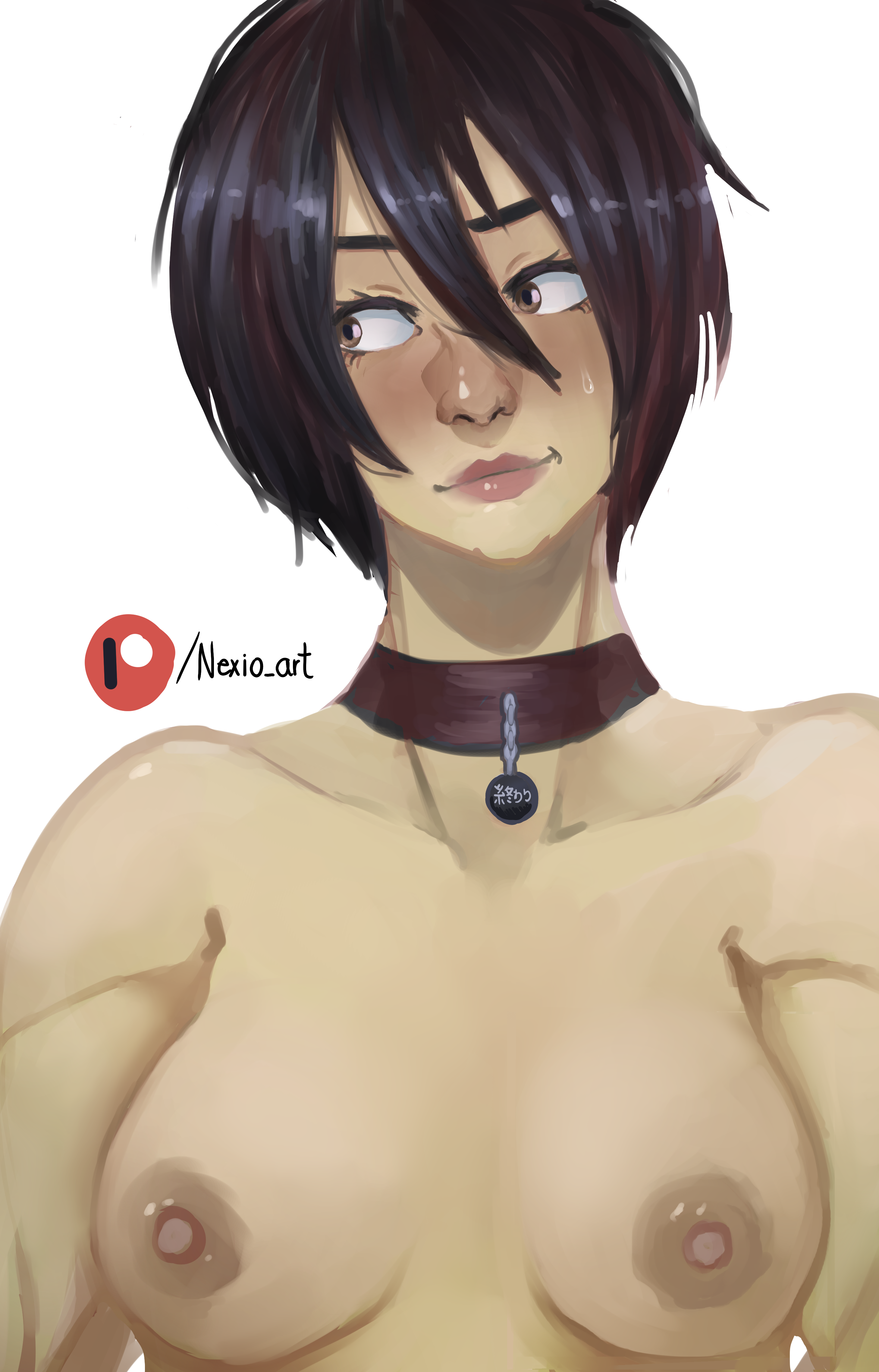 1girls, attack on titan, black hair, blush, breasts, brown eyes, choker, dark hair, female, female only, large breasts, long eyelashes, looking to the side, mikasa ackerman, nexio art, patreon, red lipstick, red nose, shingeki no kyojin, shiny skin, short hair, solo, sweatdrop, uncensored