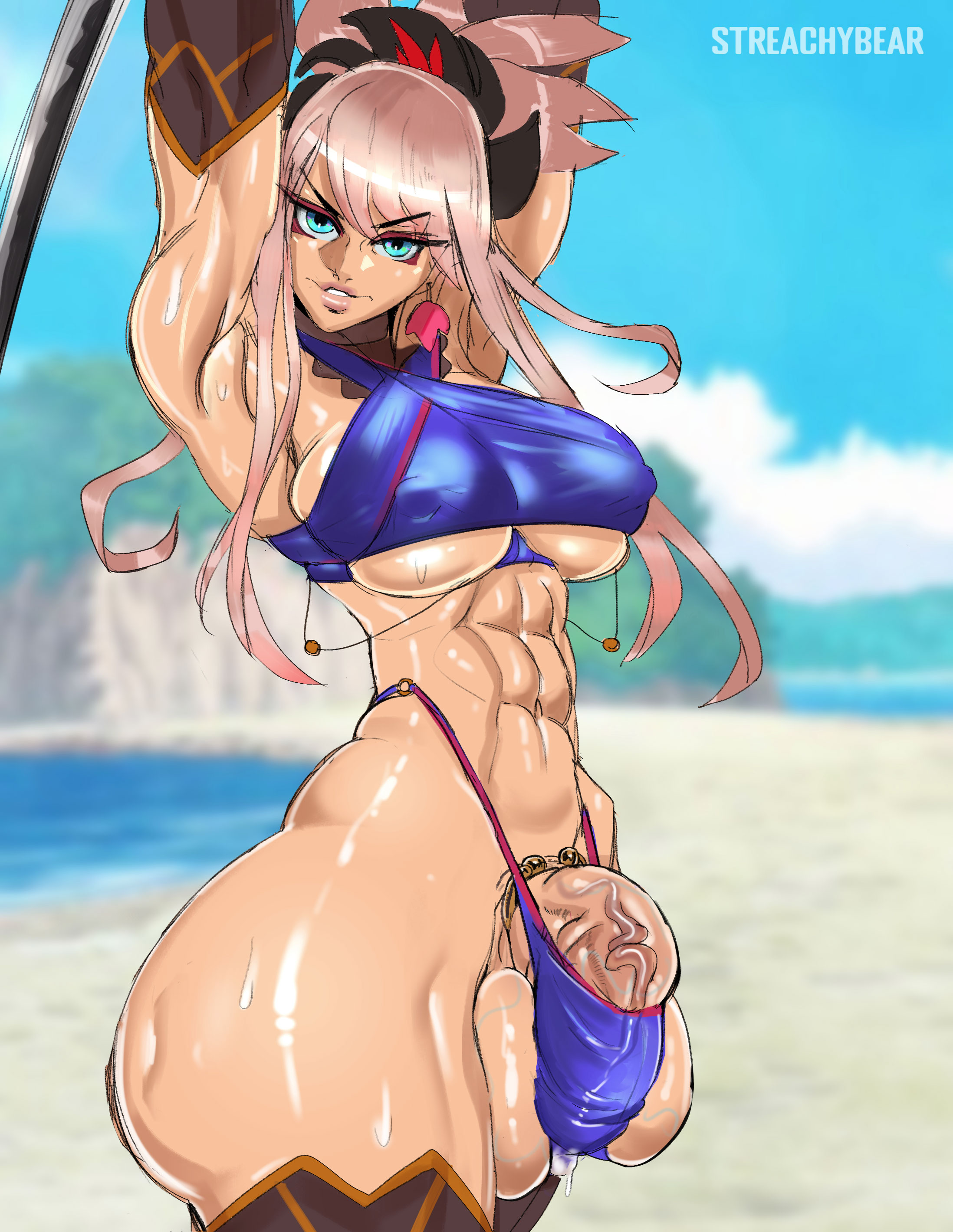 1futa, abs, arms up, ass, balls, beach, big balls, big breasts, big penis, bottom heavy, bottomless, breasts, clothed, clothing, detailed background, fate (series), futa only, futanari, huge ass, huge cock, human, intersex, large breasts, light skin, light-skinned futa, miyamoto musashi (fate), muscles, muscular, muscular futa, pale skin, partially clothed, penis, pink hair, precum, precum through clothing, solo, standing, streachybear, thick thighs, thighhighs, wide hips