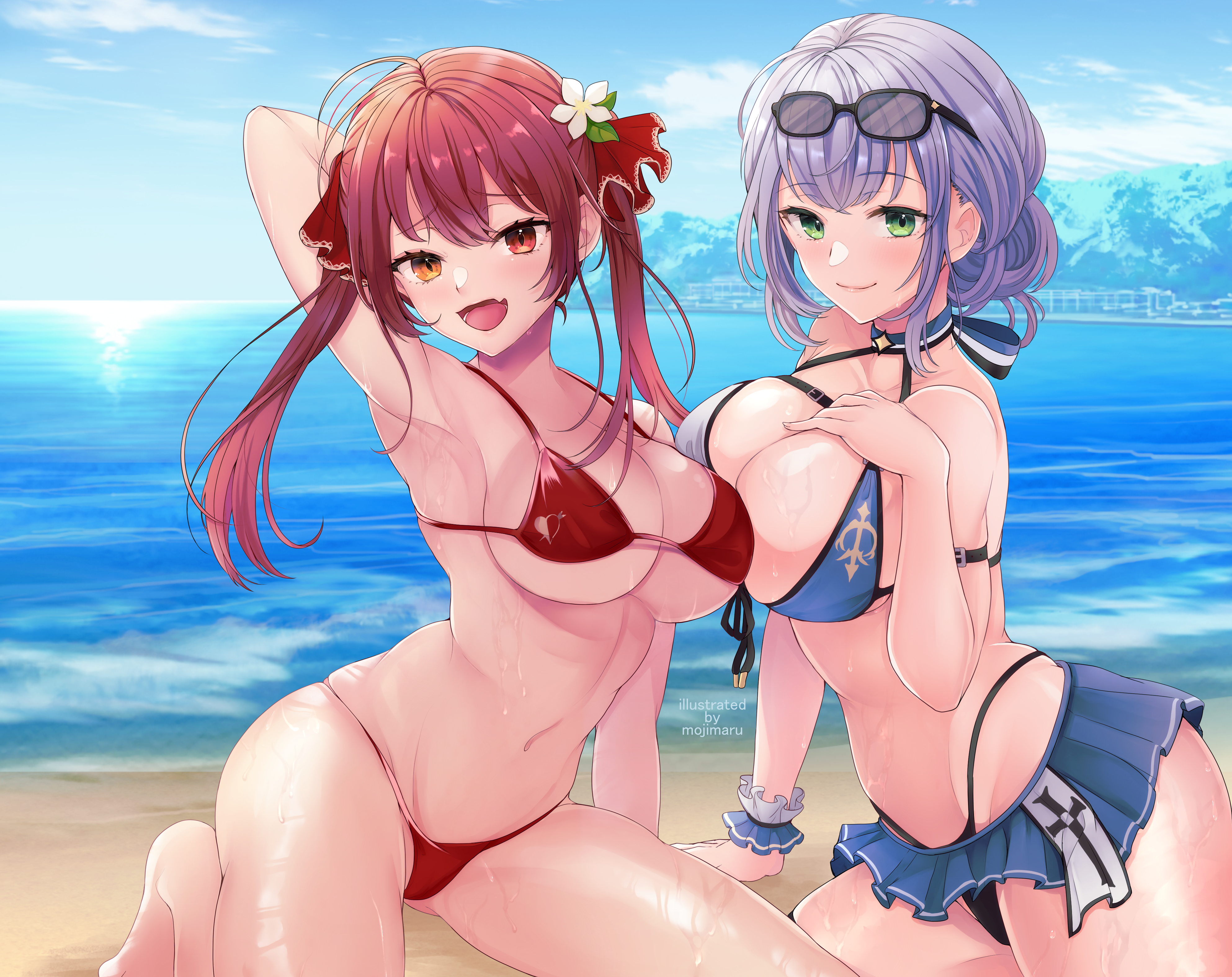 2021, 2girls, absurdres, arm up, armpits, bangs, beach, bikini, blush, breast press, breasts, cleavage, day, duo, duo focus, eyebrows visible through hair, eyewear on head, female, green eyes, hair ribbon, heterochromia, highres, hololive, hololive fantasy, hololive japan, houshou marine, large breasts, long hair, looking at viewer, mojimaru, multiple females, multiple girls, navel, open mouth, outdoors, red eyes, red hair, ribbon, shiny, shiny skin, shirogane noel, short hair, silver hair, smile, swimsuit, thighs, twintails, virtual youtuber, yellow eyes