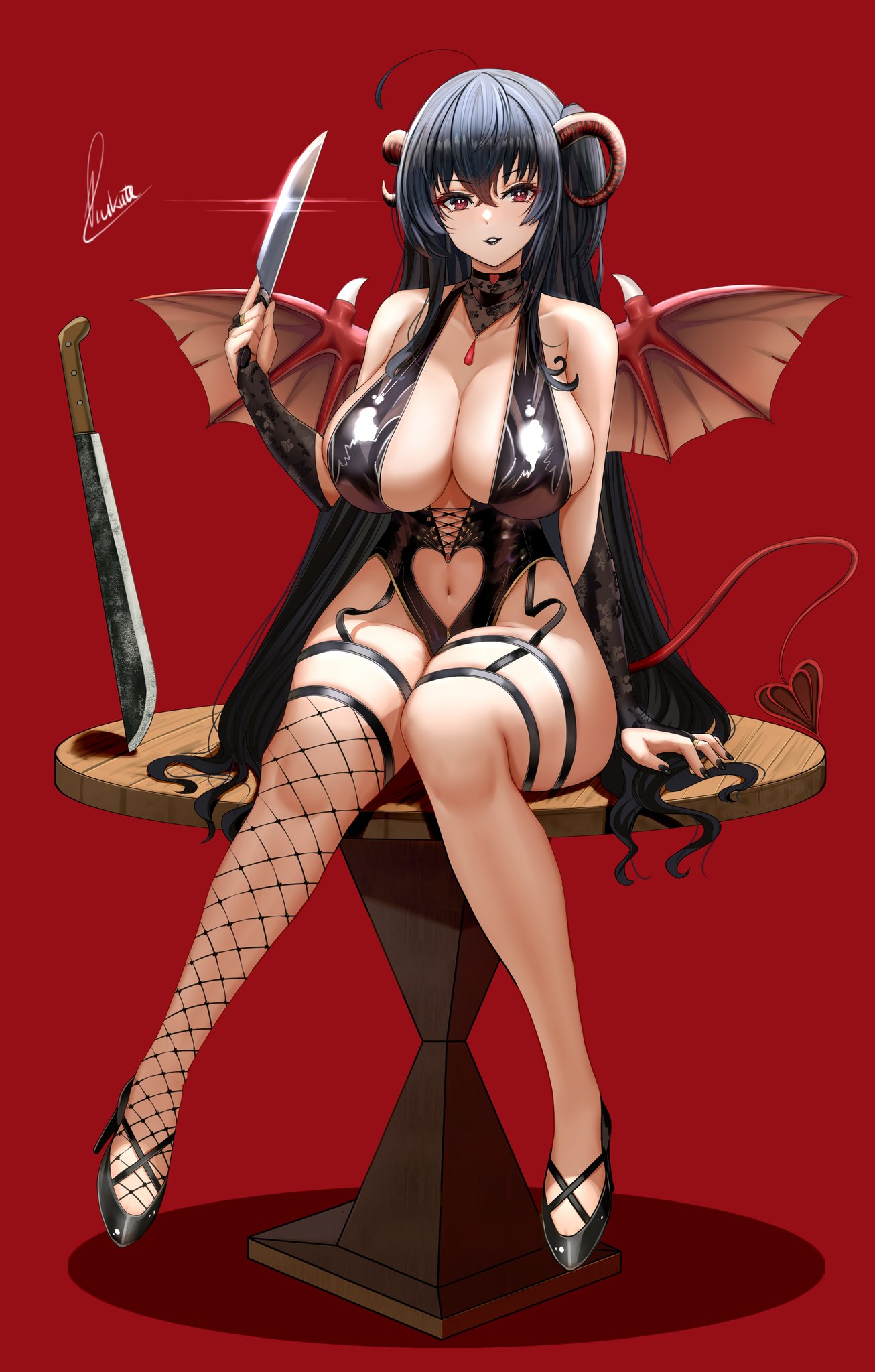 1girls, 2020s, 2021, ahoge, artist signature, azur lane, belly button, black clothing, black hair, black lipstick, blush, breasts, cleavage, demon, female, female focus, female only, hips, holding object, horns, huge breasts, knife, lipstick, long hair, looking at viewer, piukute062, red background, red eyes, simple background, sitting, slim waist, succubus, succubus costume, taihou (azur lane), thick thighs, thighs, weapon, wide hips, wings