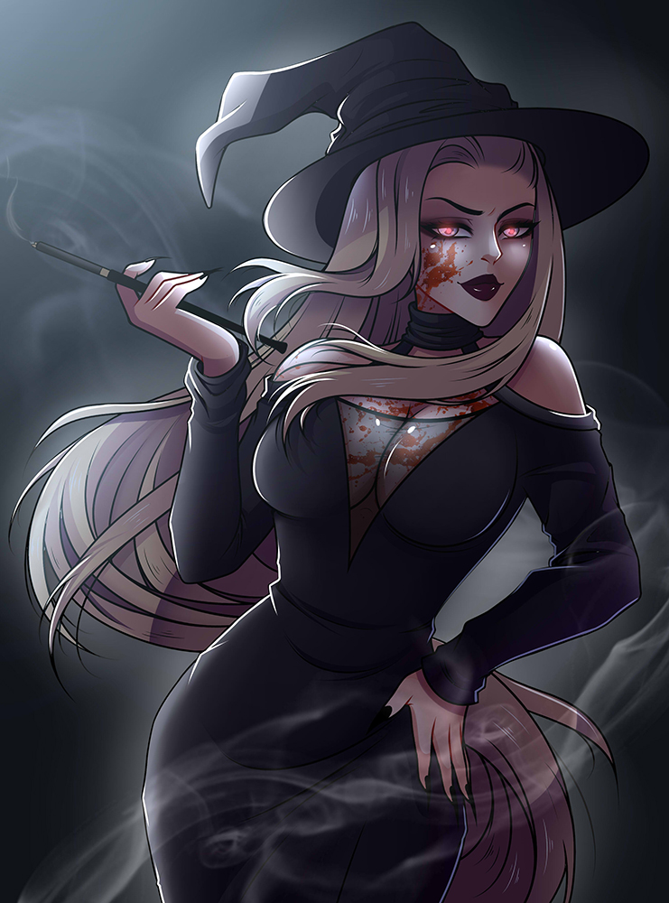 1girls, alternate eye color, asetr, blood, breasts, cigarette, cigarette holder, cleavage, clothed female, curvaceous, curvy, curvy figure, dress, eyeshadow, female, female only, fully clothed, glowing eyes, halloween, ino yamanaka, lipstick, makeup, nail polish, naruto, naruto (series), naruto shippuden, naruto: the last, slim waist, smoke, smoking, solo, solo focus, very long hair, wide hips, witch, witch hat