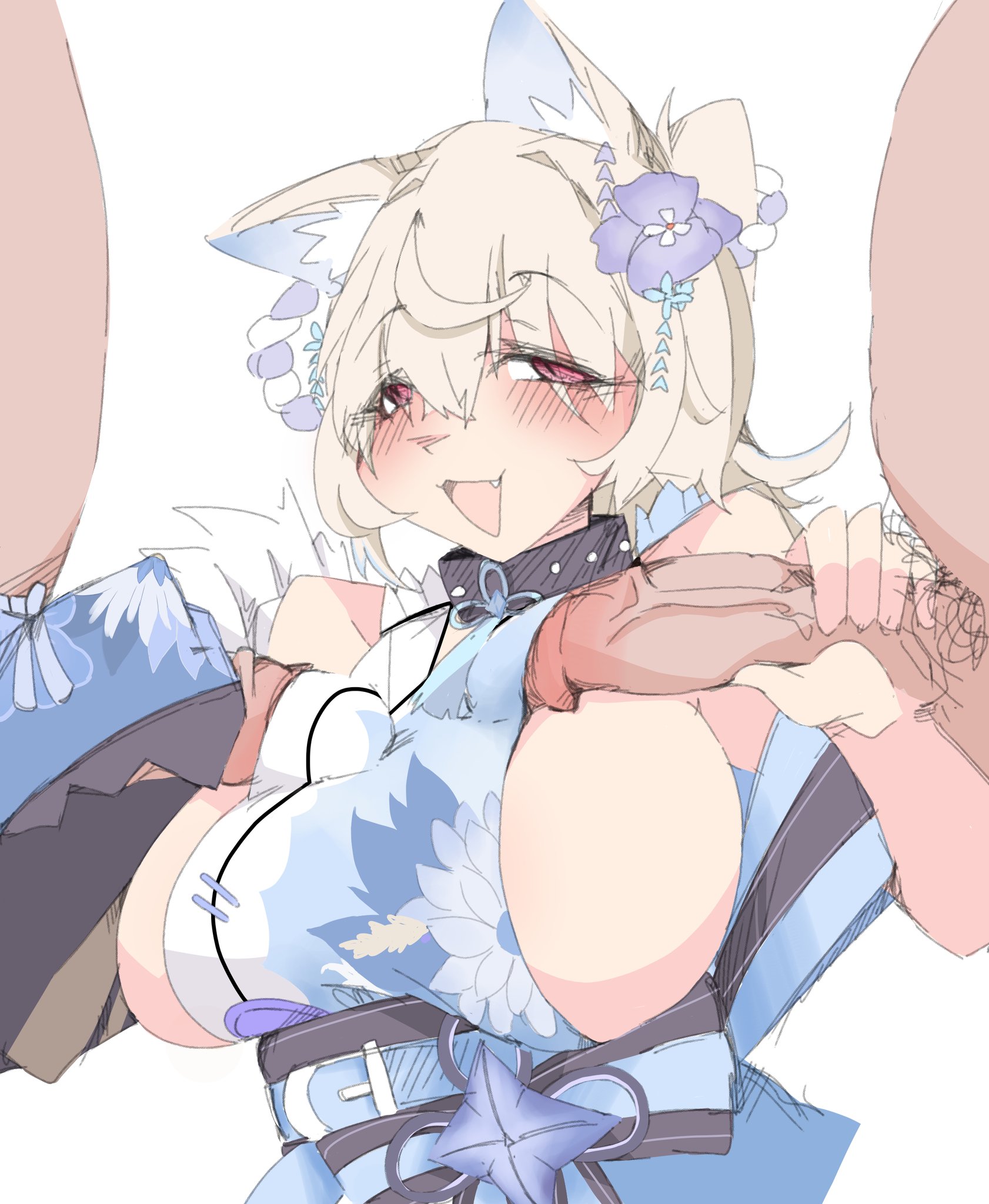 1girls, 2boys, animal ears, big breasts, blonde hair, blushing, breasts, circumcised, collar, dog ears, female, floral print, flower in hair, fuwawa abyssgard, fuwawa abyssgard (new year), hand on penis, handjob, hololive, hololive english, hololive english -advent-, kimono, large breasts, light skin, light-skinned female, light-skinned male, male, male/female, paizuri, pale skin, penis, penis awe, pubic hair, saba lewd, sideboob, smile, thin waist, threesome, unseen male face, veiny penis, virtual youtuber, white background