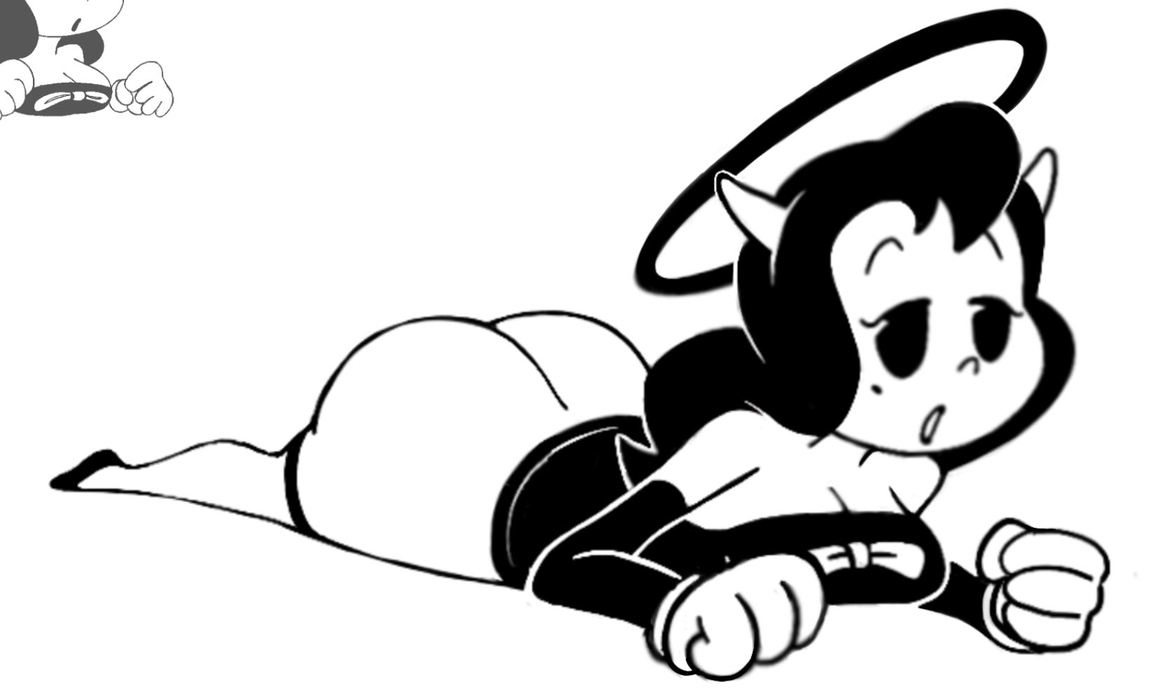1girls, alice angel, ass, ass focus, bedroom eyes, bendy and the ink machine, big ass, black and white, bottom heavy, bottomless, cleavage, female, flats, halo, high heels, horns, huge ass, laying on stomach, looking at viewer, open mouth, redraw, shoes, siroppeicrystal, solo female, thick ass, thick thighs, thighhighs, white gloves