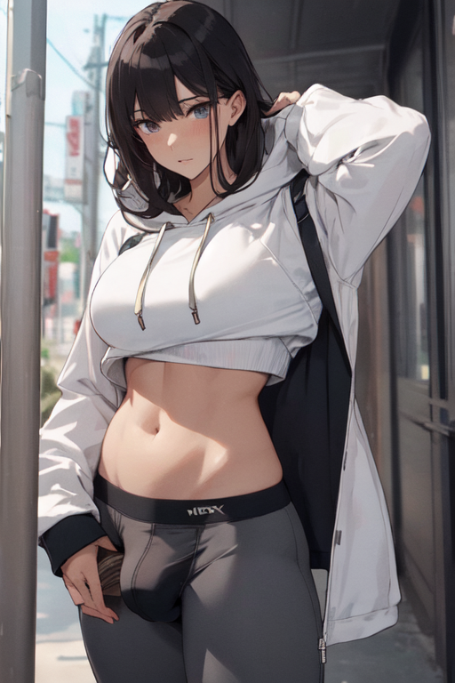 1futa ai_generated ball_bulge balls balls_under_clothes bare_midriff blue_eyes blush breasts brown_hair bulge bulge_through_clothing casual cropped_hoodie daytime flaccid futa_only futanari gray_clothing gray_pants hoodie jogging_pants long_hair looking_at_viewer navel original original_character outdoors partially_clothed penis penis_bulge penis_under_clothes pixai solo solo_futa sportswear white_clothing white_jacket white_top