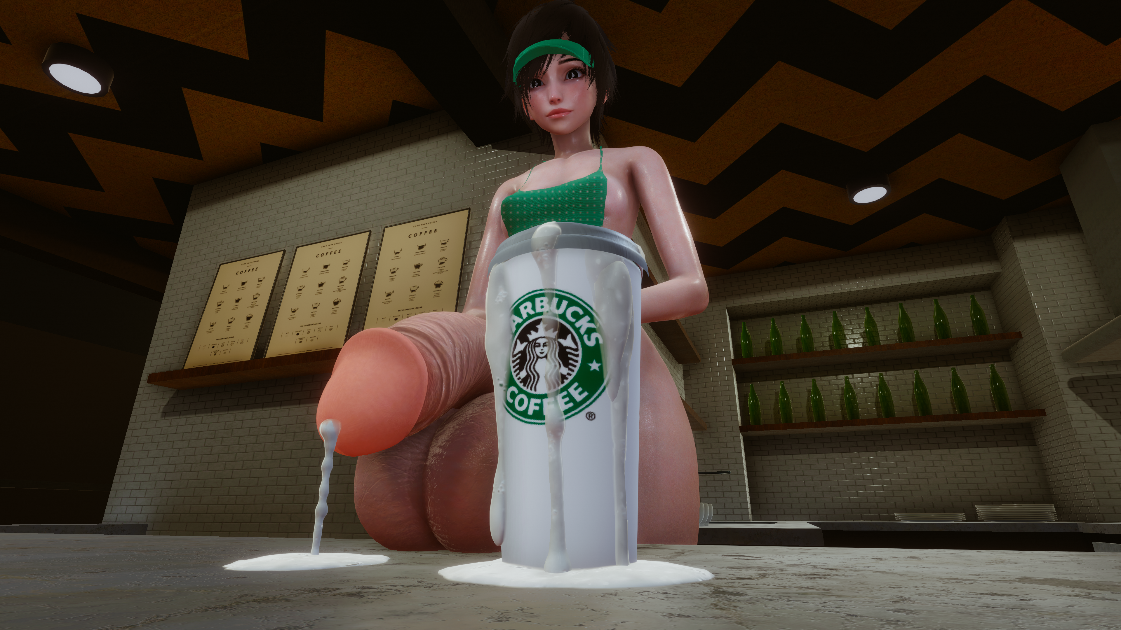 1futa, 3d, after orgasm, balls, barista, black eyes, black hair, breasts, clothed, clothing, cum, cum in container, cup of cum, erection, excessive cum, futa only, futanari, huge balls, huge cock, huge testicles, human, intersex, leaking cum, leaking precum, lekka, light skin, light-skinned futa, low-angle view, lucy ferius (lekka), mostly nude, pale skin, penis, solo, standing, starbucks, testicles