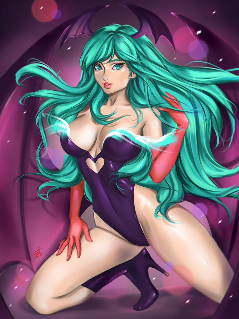 bad_artstation_id bad_id bat_wings breasts cleavage clothing_cutout commentary commission darkstalkers demon_girl elbow_gloves english_commentary female gloves green_hair head_wings heart_cutout high_heels large_breasts leotard long_hair low_wings morrigan_aensland no_legwear purple_footwear solo succubus tatti_art vampire_(game) wings