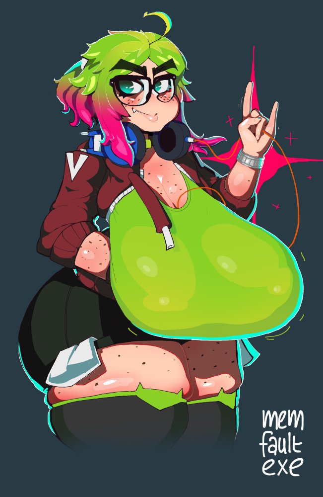 big_ass big_breasts breasts_bigger_than_head breasts_bigger_than_torso cellulite chubby cleavage freckles glasses green_eyes green_hair huge_breasts huge_nipples massive_breasts memfaultexe nerd piercing piercings pink_hair plump sagging_breasts thick_eyebrows thick_thighs verde_(memfaultexe)