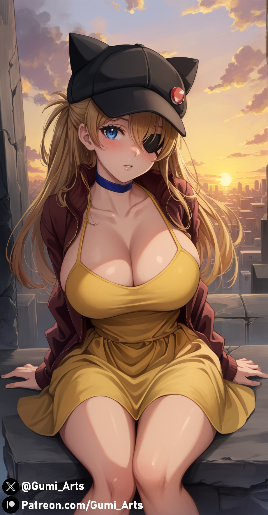 ai_generated alternate_breast_size asuka_langley_sohryu blue_choker blue_eyes blush cat_hat city cityscape cleavage eyepatch gumi_arts hat looking_at_viewer neon_genesis_evangelion neopn_genesis_evangelion orange_hair outdoors pov red_jacket ruins sitting stable_diffusion thighs yellow_dress yellow_hair