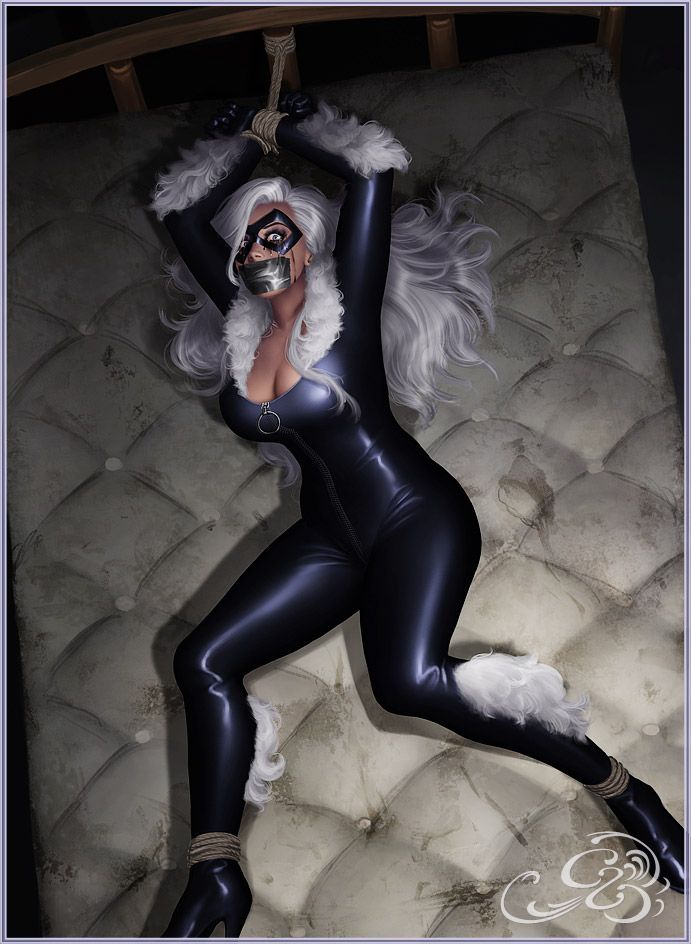 1girls, 2014, arms behind head, big breasts, black cat (marvel), blue eyes, bodysuit, bondage, bound, bound to bed, breasts, captive 2d, captured, captured heroine, crying, curvy, curvy female, curvy figure, eyelashes, eyeliner, felicia hardy, female, female only, fully clothed, gag, gagged, helpless, kidnapped, marvel, marvel comics, mascara tears, mask, masked, old art, rope, rope bondage, scared, spider-man (series), spread legs, struggling, tape gag, tied arms, tied legs, tied up, tight clothes, tight clothing, white hair, zipper