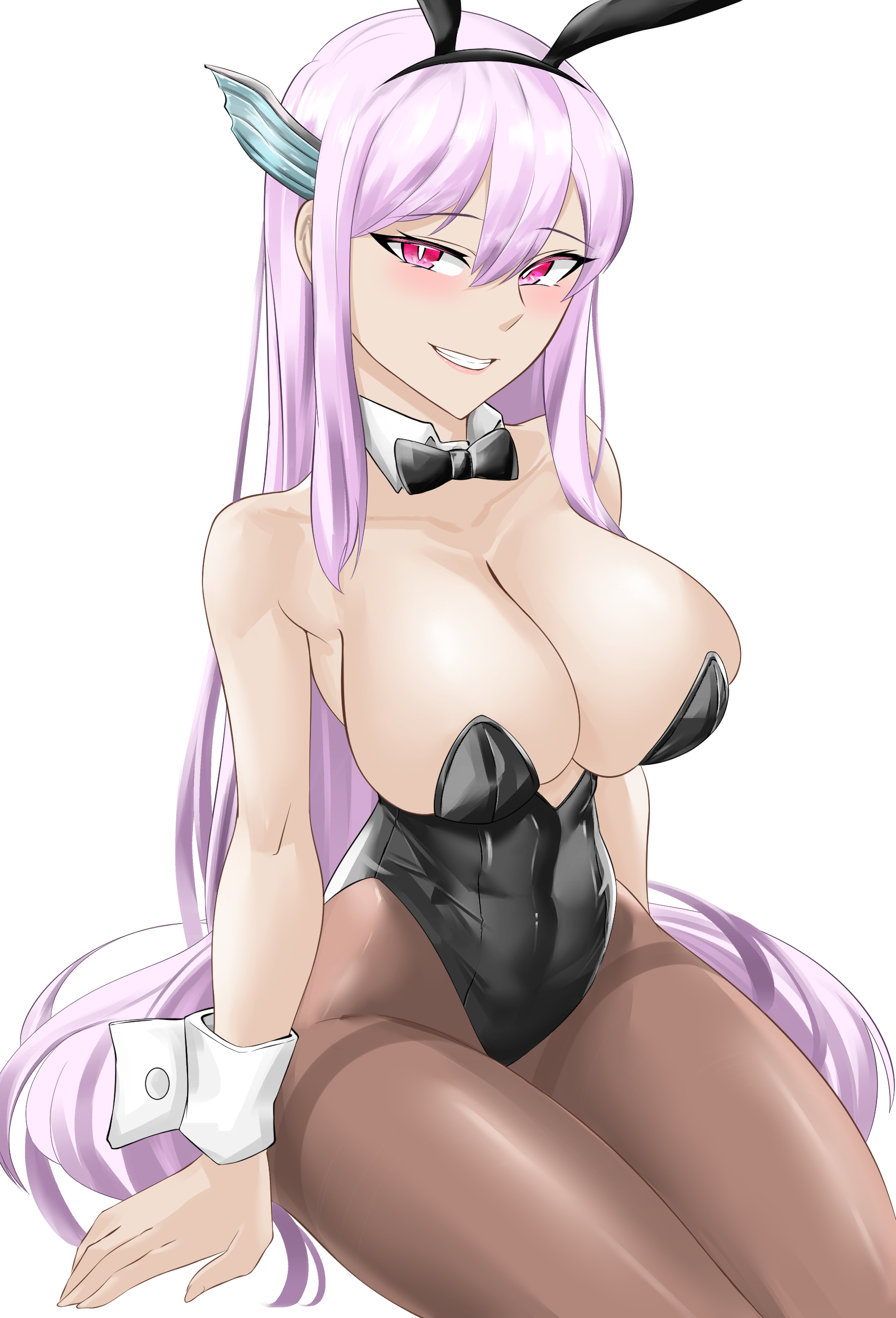 1girls, 2023, 2d (artwork), black bunny ears, black bunnysuit, bowtie, breasts, bunny costume, bunny ears, bunnysuit, digital media (artwork), female, female only, headband, human, long hair, looking at viewer, mato seihei no slave, pantyhose, pink eyes, pink hair, sitting, sorabluesky, thick thighs, thighs, uzen kyouka, white background, white body, white hair