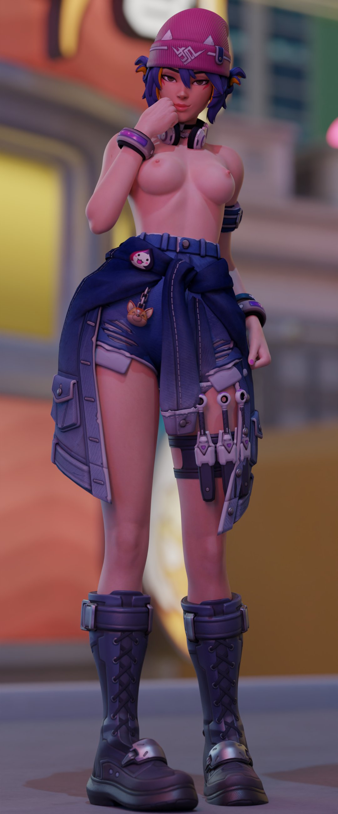 1girls, 2023, 3d, antifragile kira-kira, armlet, asian, asian female, beanie, bedroom eyes, blender, blizzard entertainment, blue hair, boots, bottomwear, bracelet, breasts, brown eyes, clothed, clothed female, clothes, clothing, dagger, denim, denim shorts, facial markings, female, footwear, front view, full body, hair, hand on own face, hand to own mouth, hat, headphones, headphones around neck, headwear, hi res, high-waist shorts, human, jacket, jacket around waist, jean shorts, jeans, kiriko (overwatch), lapis lazuli002, le sserafim, light skin, light-skinned female, medium breasts, medium hair, multicolored hair, narrowed eyes, nipples, overwatch, overwatch 2, partially clothed, seductive, seductive eyes, seductive look, seductive smile, self upload, shorts, smile, smiling, smiling at viewer, solo, standing, stomach, thighs, topless, two-tone hair, weapon, yellow hair