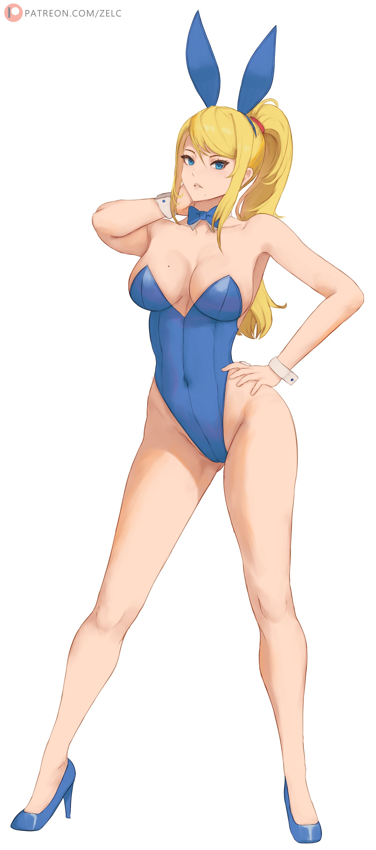 1girls, alternate costume, artist name, blonde hair, blue eyes, bow, bowtie, breasts, bunny ears, bunny girl, bunnysuit, cleavage, fake animal ears, female, female only, hair between eyes, high heels, highres, large breasts, metroid, nintendo, ponytail, samus aran, solo, watermark, wrist cuffs, zelc-face