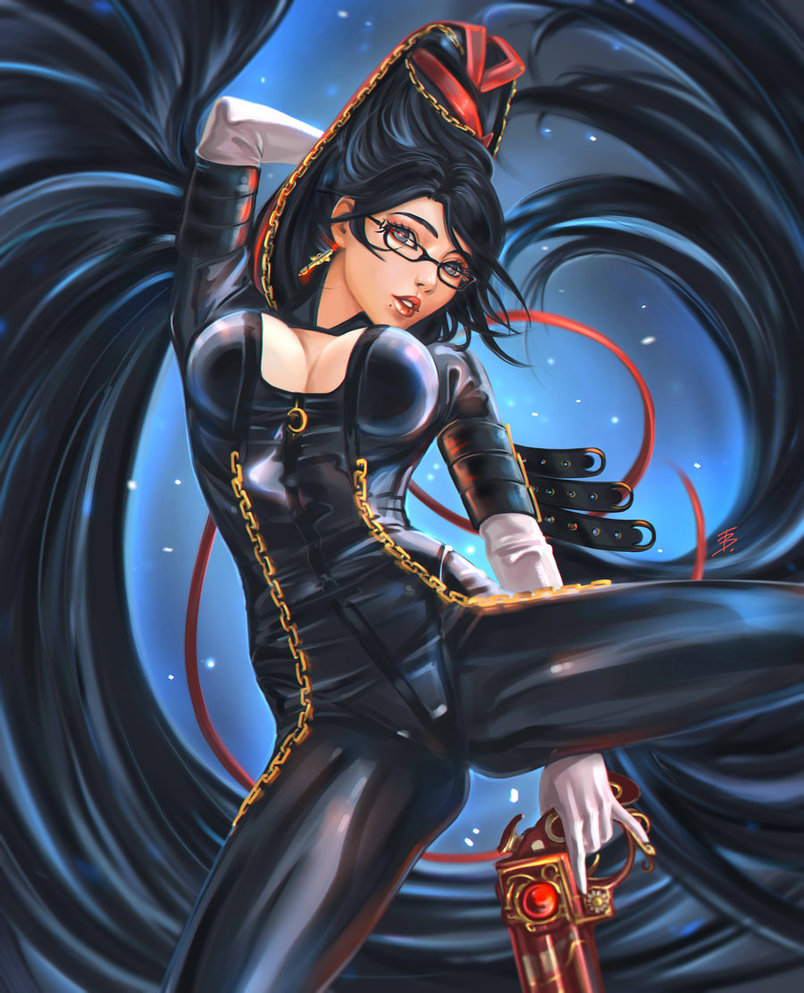 bad_id bad_pixiv_id bayonetta bayonetta_(character) bayonetta_(series) black_hair bodysuit breasts cleavage earrings elbow_gloves female glasses gloves gun holding holding_gun holding_weapon jewelry long_hair looking_at_viewer mole mole_under_mouth solo tatti_art very_long_hair weapon