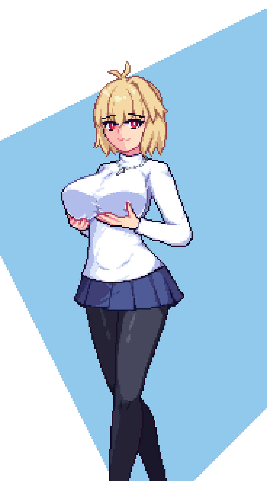 ahoge alternate_breast_size alternate_version_available arcueid_brunestud ass big_breasts black_pantyhose blonde_hair blush breasts breasts_bigger_than_head clothed color female full_body grabbing grabbing_own_breast groping groping_breast groping_self holding holding_breast huge_breasts jewelry large_breasts legs melty_blood necklace nipples pantyhose pixel_art raptorbr_ raptorbr_(artist) red_eyes skirt squeezing sweater thick_thighs top_heavy tsukihime type-moon vampire vampire_girl wide_hips