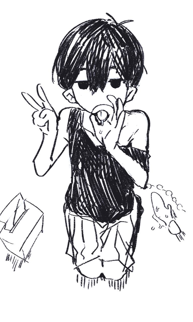 1boy anal_beads artist_request black_and_white black_hair black_socks black_tank_top blowjob_gesture fellatio_gesture femboy girly greyscale kneehighs looking_at_viewer male_only omori omori_(character) on_knees open_mouth peace_sign saliva shorts socks solo solo_male striped_shorts tank_top tissue_box tongue tongue_out vibrator white_skin