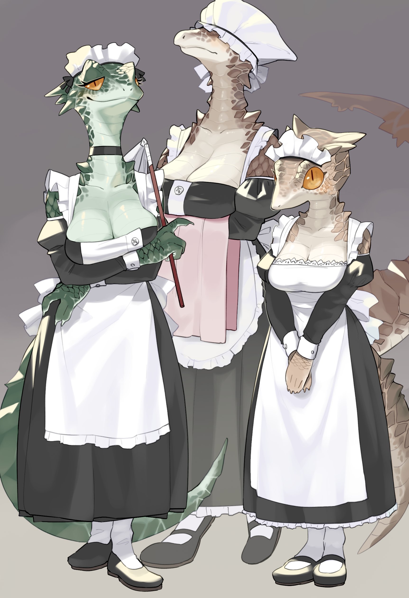 3girls, anthro, argonian, brown scales, choker, cleavage, countershading, crossed arms, eyes covered, female, female only, green scales, hi res, kame 3, looking at viewer, maid, maid headdress, maid uniform, narrowed eyes, orange eyes, reptile, scales, scalie, shoes, skyrim, slit pupils, smiling, smiling at viewer, tail, the elder scrolls