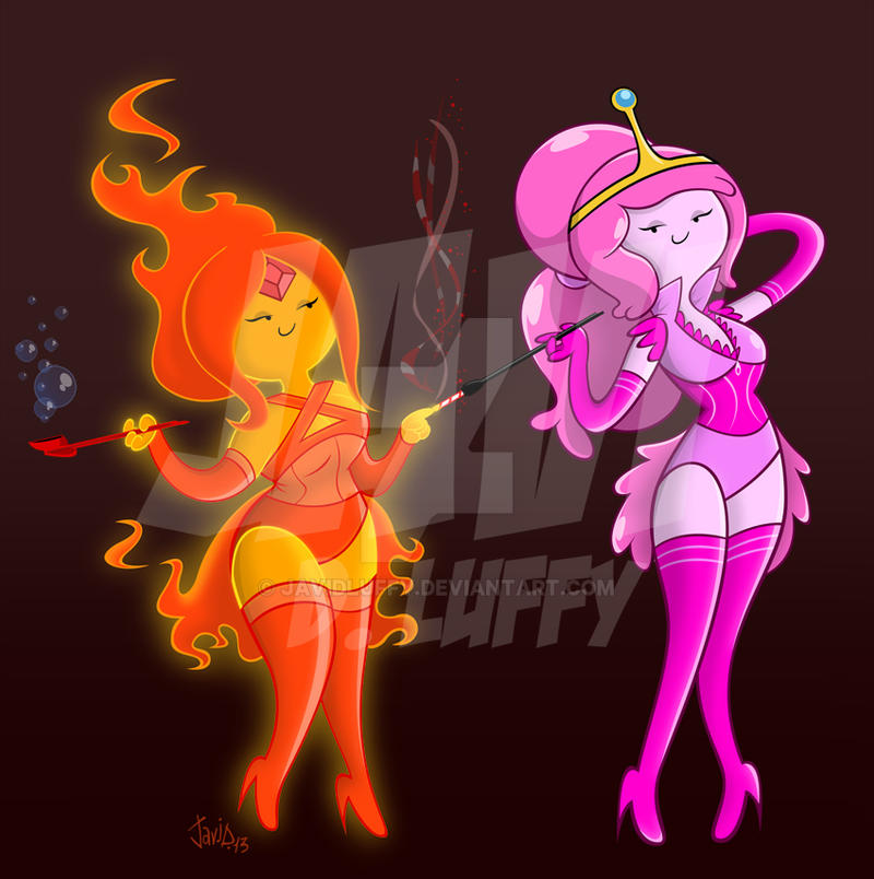 adventure_time femdom flame_princess high_heels javidluffy leotard princess_bubblegum smile thigh_boots