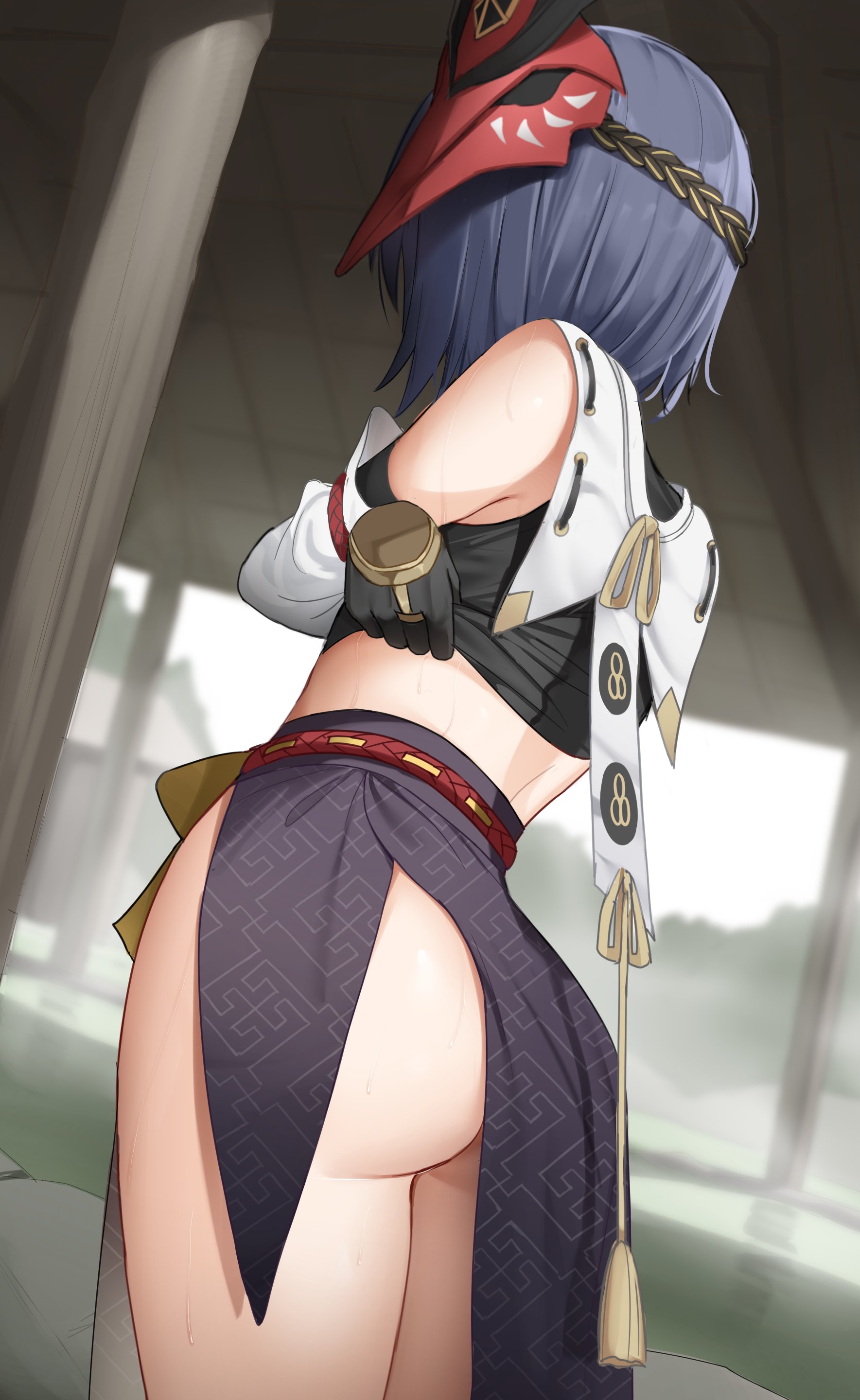1girls, ass, black hair, bubble ass, bubble butt, female, female only, genshin impact, hi res, japanese clothes, kujou sara, lifted by self, mask, mask on head, player viewpoint, shengtian, shirt lift, short hair, skirt, solo, standing, undressing