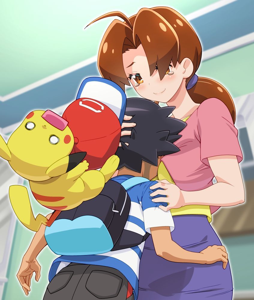 black_hair black_pants blue_shirt brown_eyes brown_hair cap clothed delia_ketchum_(pokemon) falling family home hug hugging kousaka_jun love mother_and_son pikachu pokemon pokemon_sm red_cap satoshi_(pokemon) skirt white_shirt yellow_shirt