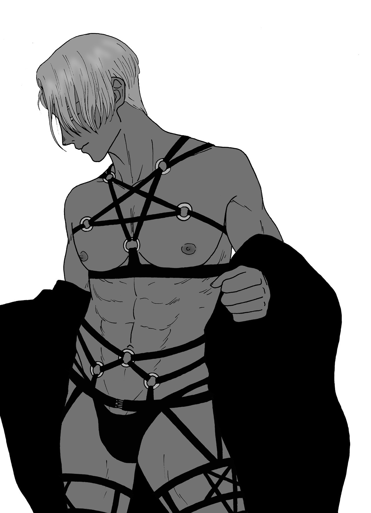 1boy, artist request, bondage outfit, male, male nipples, male only, nipples, pecs, pectorals, simple background, solo, solo male, source request, viktor nikiforov, white background, yuri!!! on ice