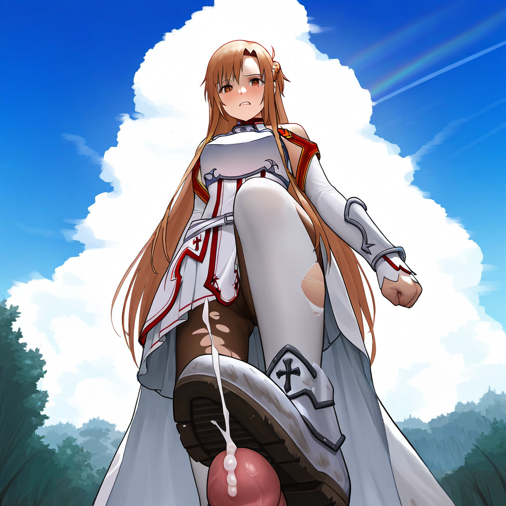 1boy 1girls ai_generated bootjob boots defeated_hero femdom footjob male_pov novelai nsfwworks.ia pov shoejob smile stable_diffusion stepped_on sword sword_art_online trample yuuki_asuna