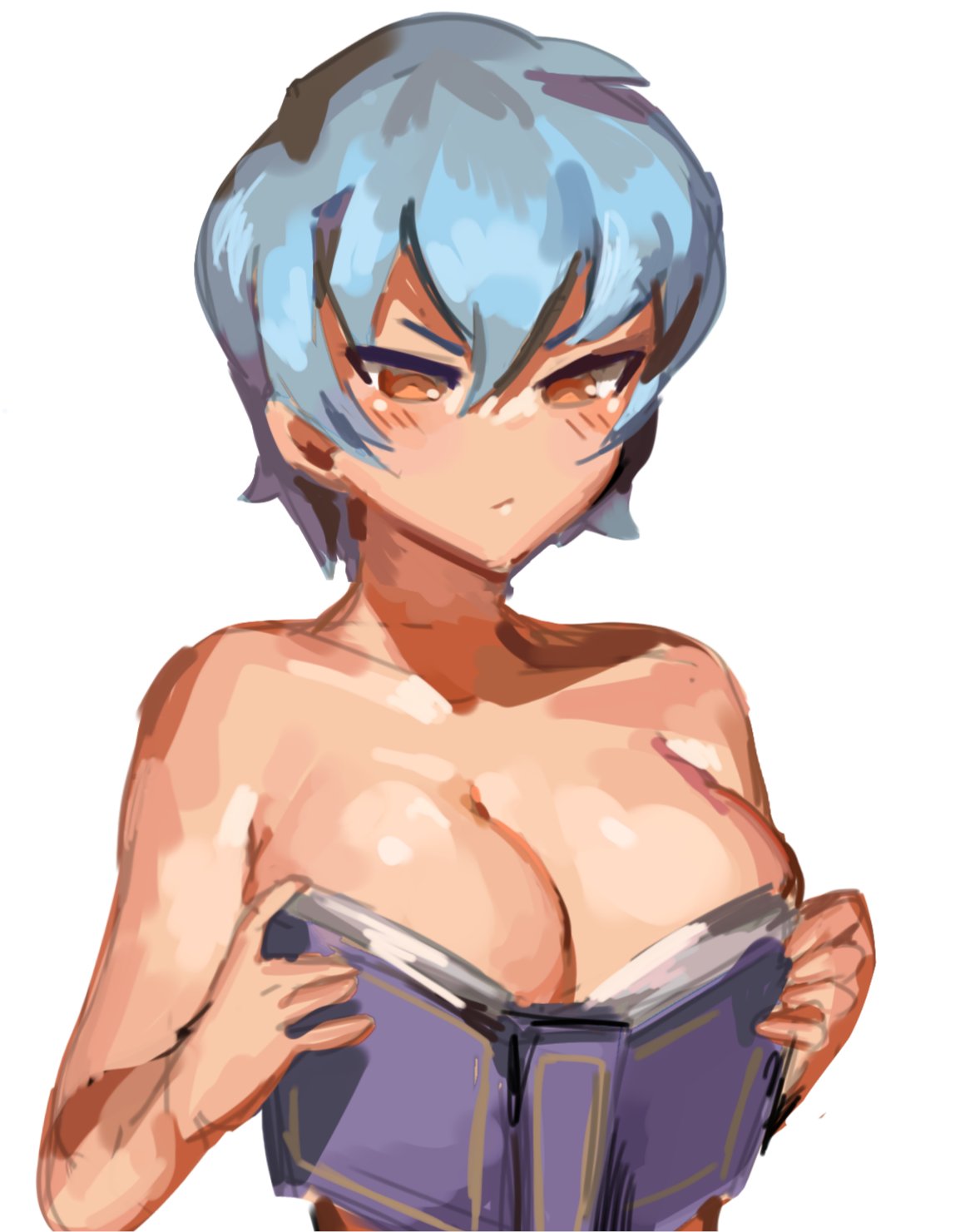 1girls angela_(library_of_ruina) angela_(lobotomy_corporation) big_breasts blue_hair blue_hair_female breasts covering_breasts female female_focus female_only library_of_ruina light-skinned_female light_skin morchkins naked naked_female project_moon reading short_hair simple_background solo tagme yellow_eyes