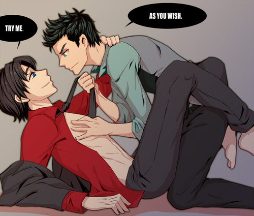 2boys age_difference batman_(series) chain247 damian_wayne dc dc_comics dick_grayson english_text face-to-face gay legs_around_partner looking_at_partner male male/male male_only nightwing open_clothes open_shirt robin_(damian_wayne) robin_(dc) tie_grab yaoi