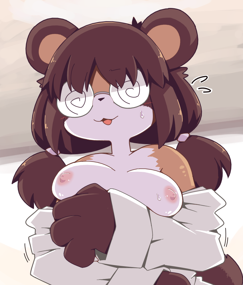 1girls 2023 anthro brown_fur brown_hair ccoogoo_(crepix) crepix digital_media_(artwork) female furry furry_only glasses medium_breasts original original_character partially_clothed raccoon_dog solo solo_female sweat twintails