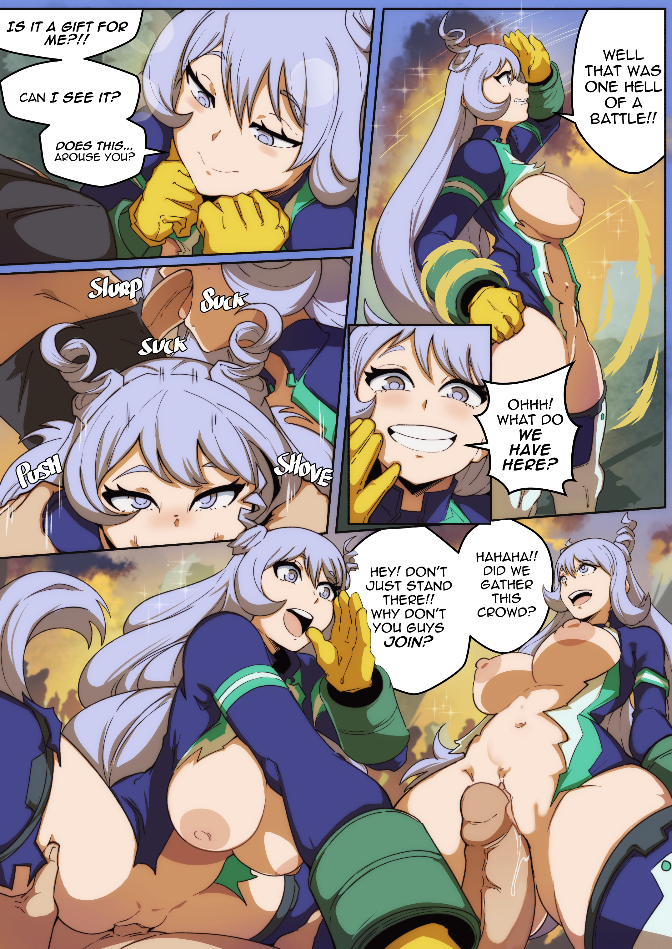 1boy, 1girls, ass, blowjob, blue eyes, blue hair, blue-haired female, breasts, comic, dialogue, english text, female, hero outfit (mha), hi res, huge breasts, huge cock, light skin, light-skinned female, long hair, male, my hero academia, navel, nejire hado, penis, pinkseito, reverse outfit, sex, torn clothes