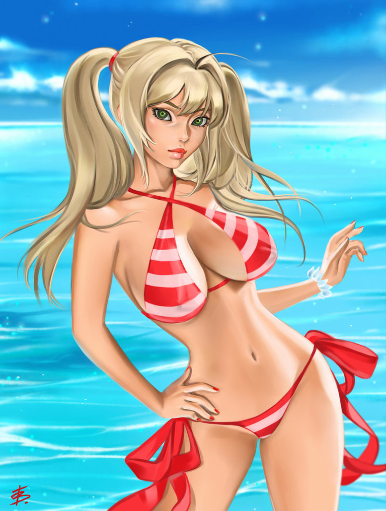 ahoge bad_id bad_pixiv_id bikini blonde_hair bracelet breasts breasts_apart cloud contrapposto covered_nipples criss-cross_halter day fate/grand_order fate_(series) female green_eyes hair_intakes halterneck hand_on_own_hip horizon jewelry large_breasts lips looking_at_viewer nail_polish navel nero_claudius_(fate) nero_claudius_(swimsuit_caster) red_nails side-tie_bikini_bottom sky solo standing swimsuit tatti_art twintails water