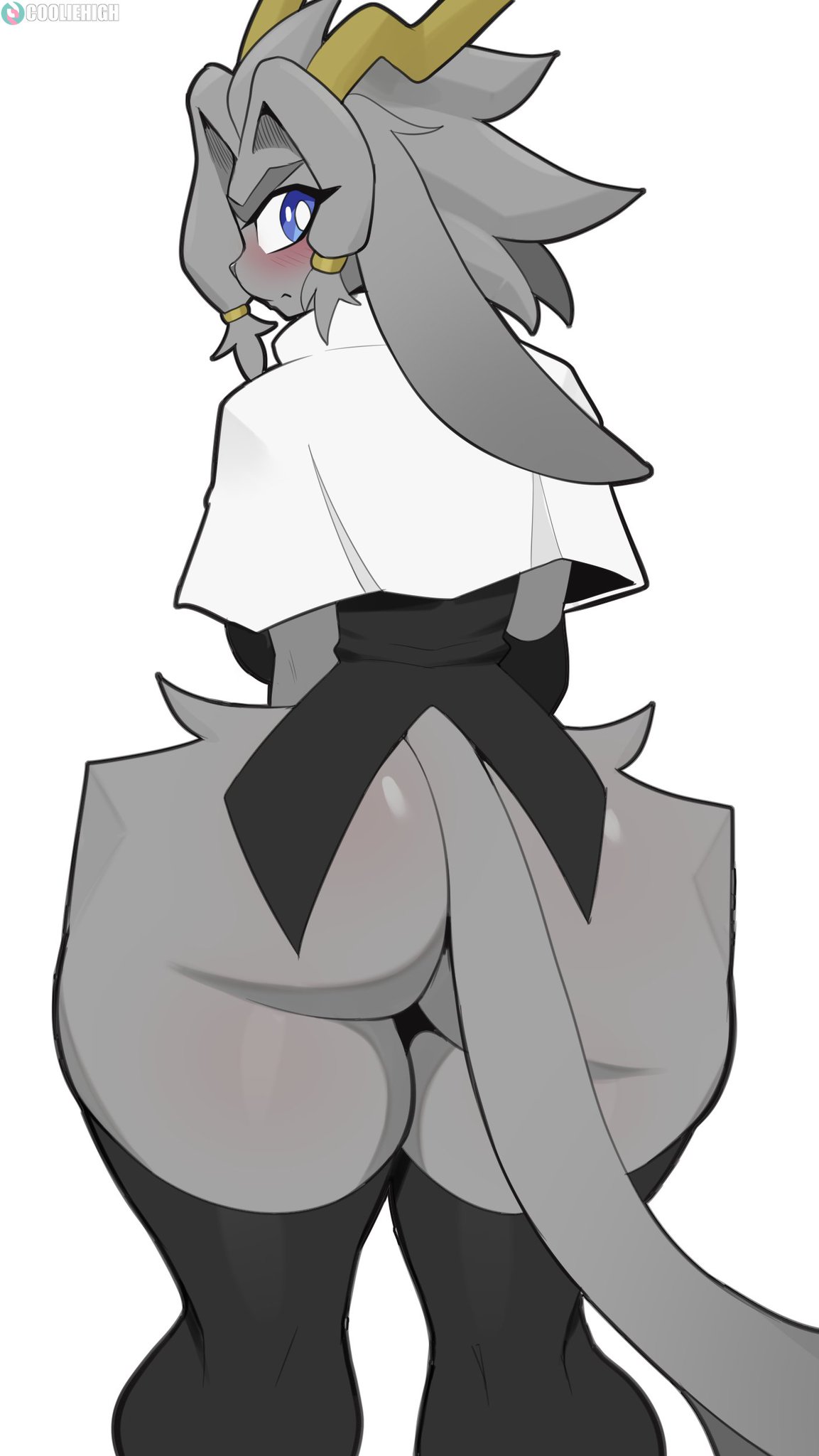 anthro, ass, big ass, blue eyes, blush, bottomless, caprine, cooliehigh, embarrassed, from behind, furry, grey fur, horns, looking at viewer, looking back, pseudoregalia, standing, sybil (pseudoregalia), tagme, thick thighs, thighhighs, thighs